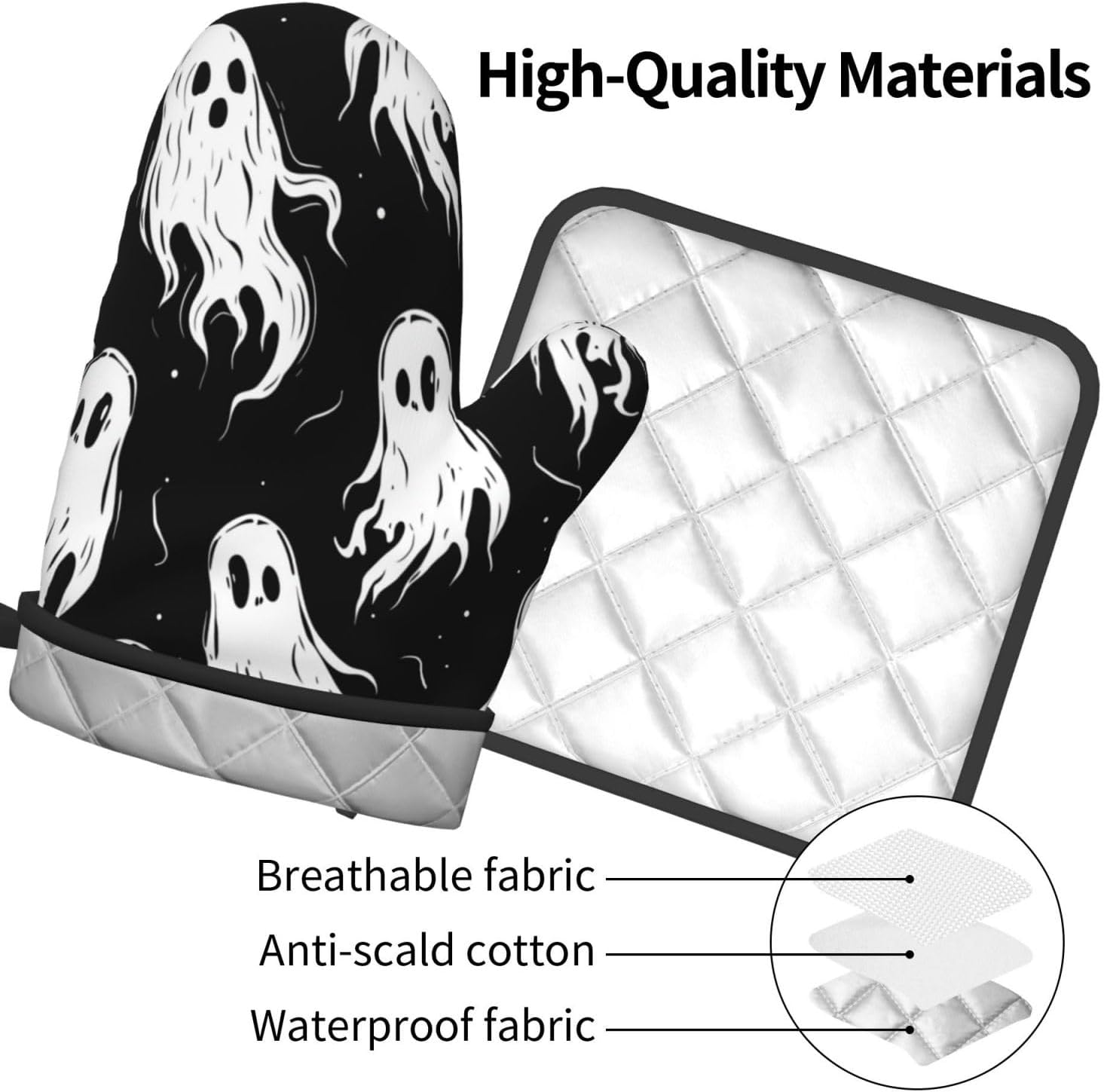 Halloween Ghost Oven Mitt Set Heat-Resistant Potholders for Baking Cooking