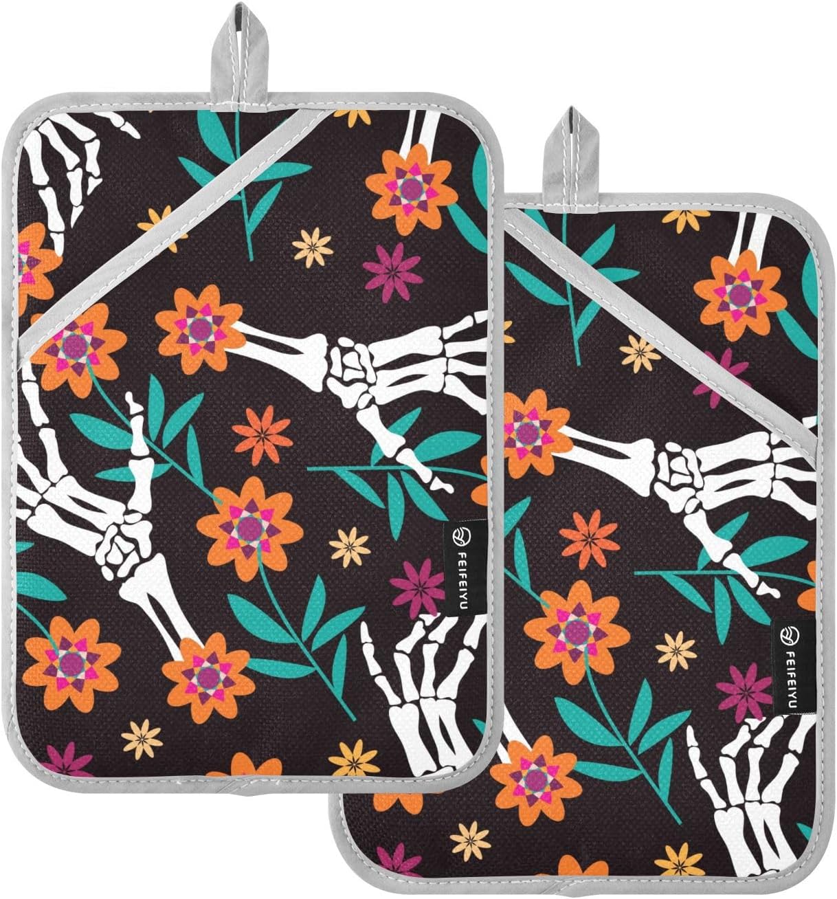 Halloween Hand Skull Flowers Kitchen Potholders