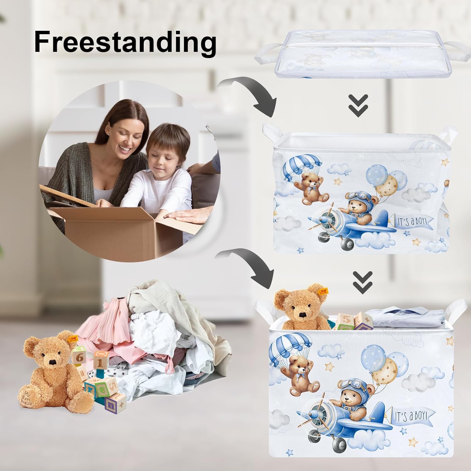 Clastyle 36L Blue Pilot Bear Boy Collapsible Storage Basket
