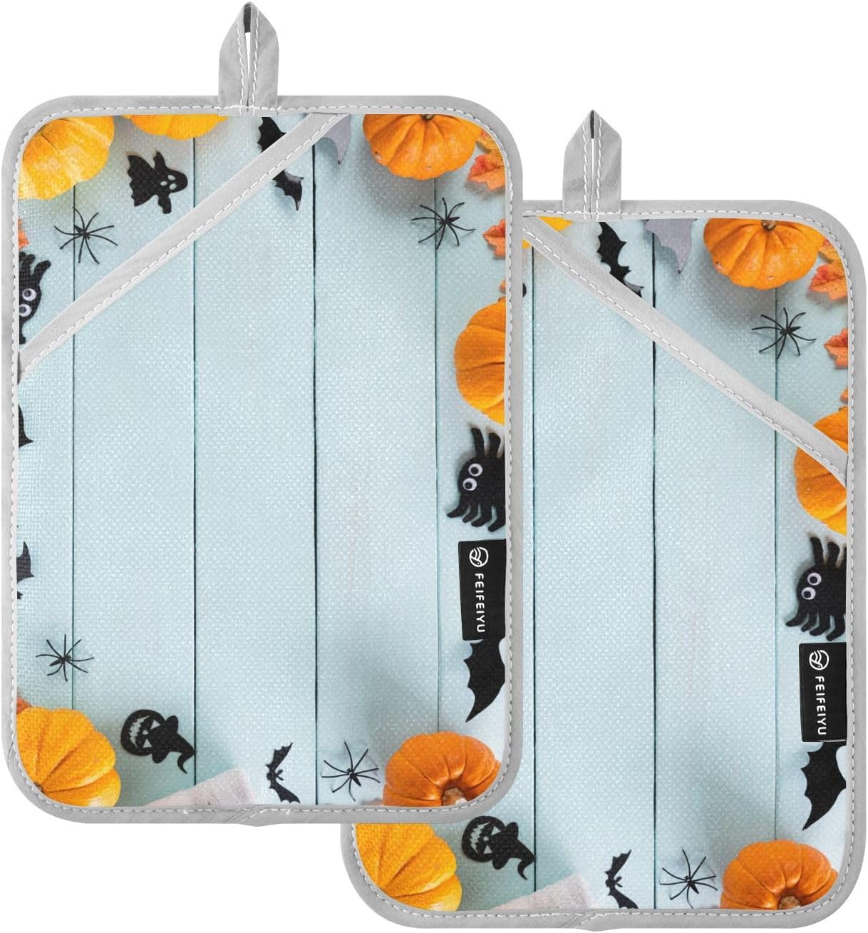 2Pcs Halloween Pumpkin Pot Holder Set Non-Slip Potholders with Pockets