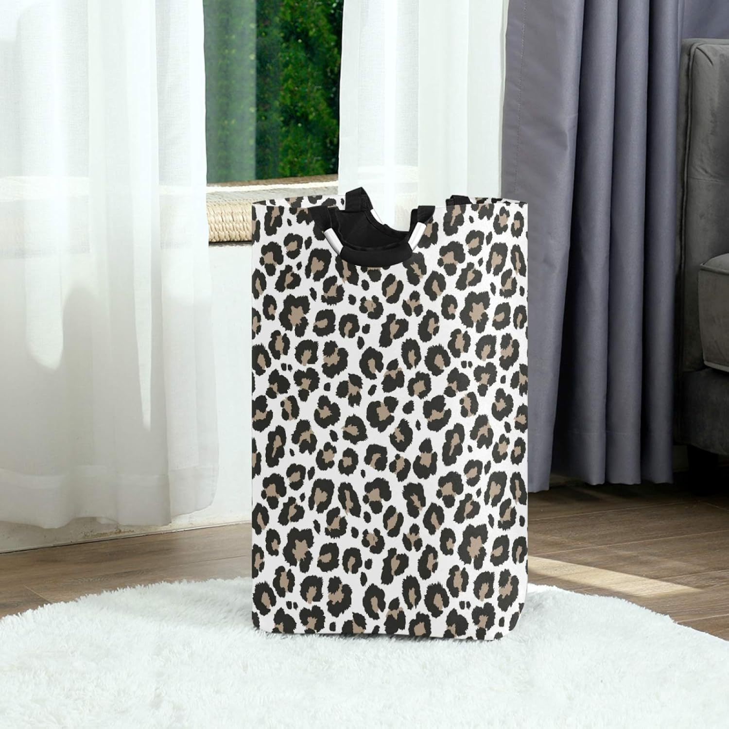 Stylish Large Laundry Hamper Basket with Gray Leopard Print and Handles