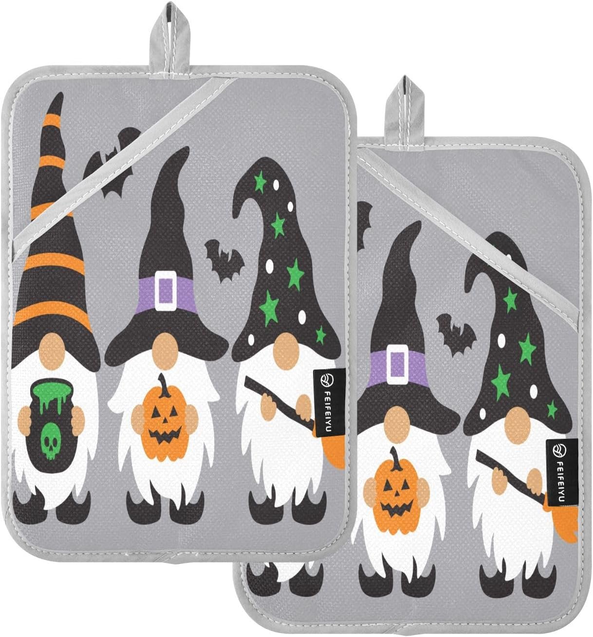 Happy Halloween Black Bat Kitchen Potholders 2-Pack Pumpkin Gnome Oven Hot Pads