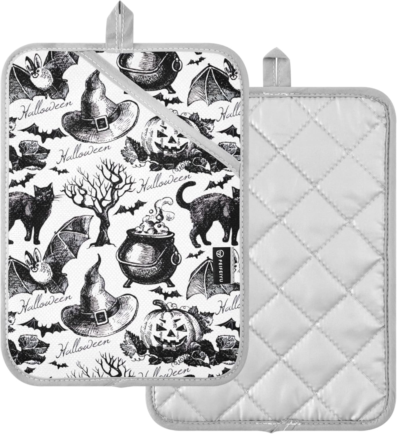 Custom Halloween Cat and Pumpkin Oven Mitts - Heat-Resistant Potholders - Set of 2