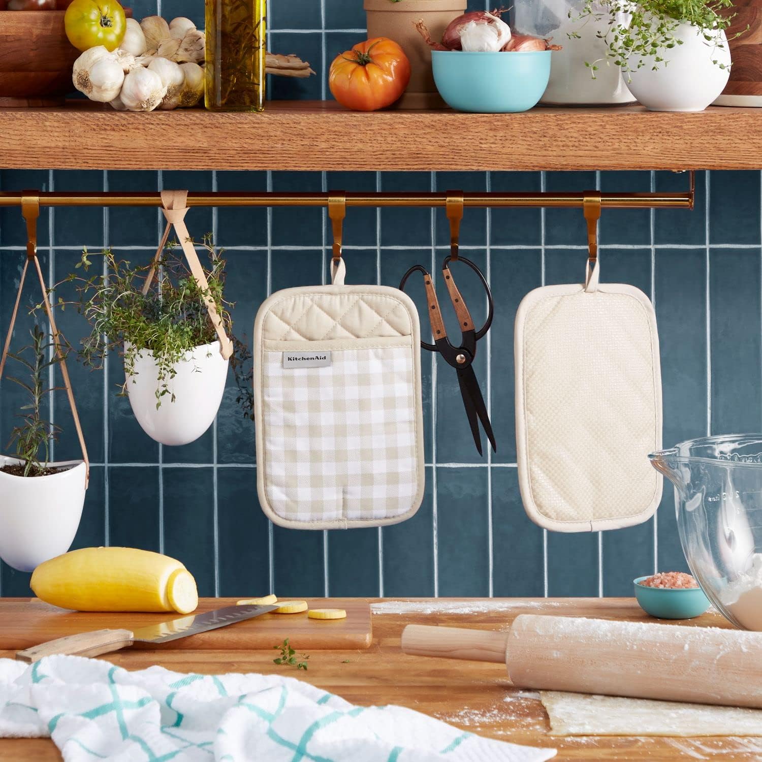Cozy Gingham KitchenAid Pot Holders Milkshake Tan Set of 2