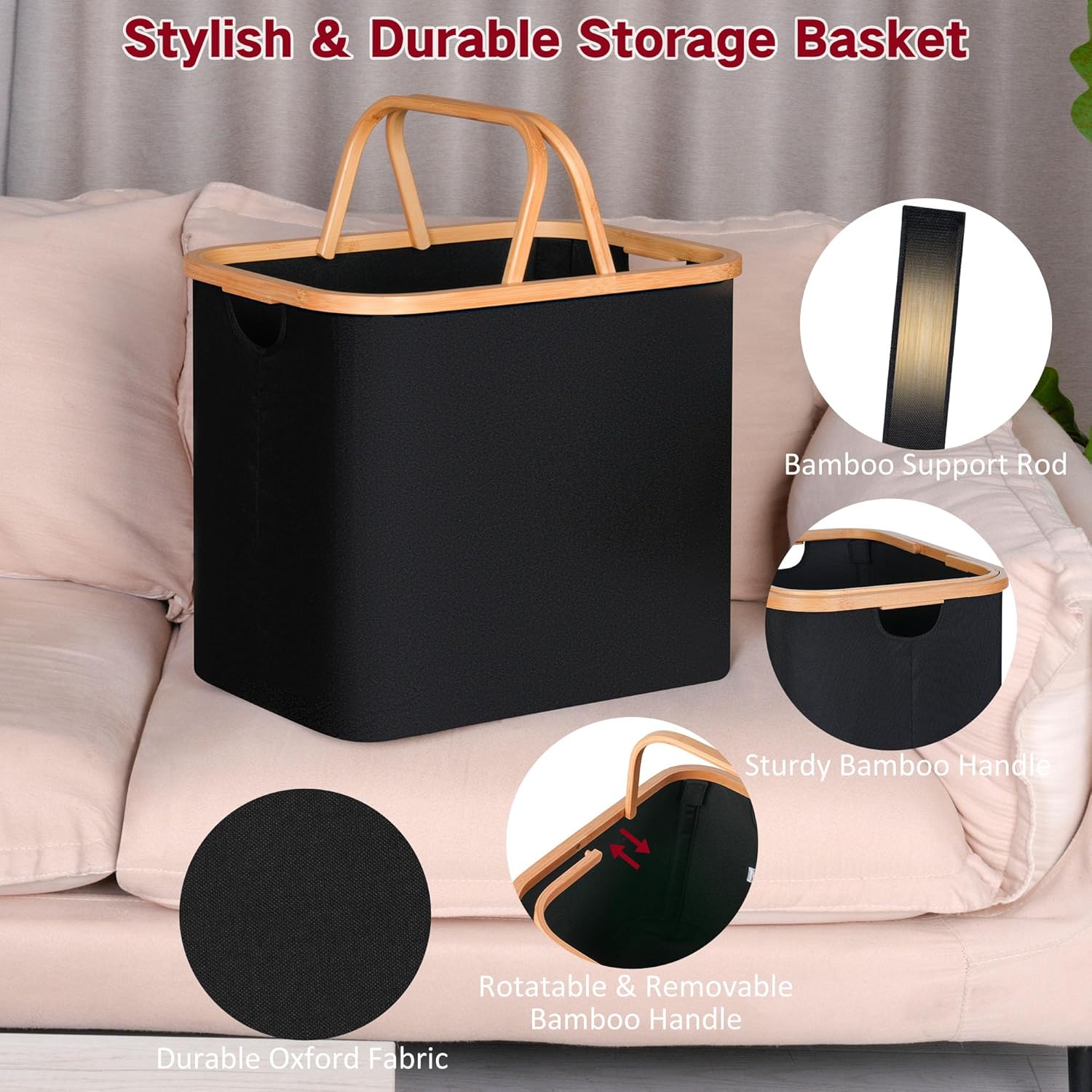 Efluki 60L Black Collapsible Laundry Basket with Handles