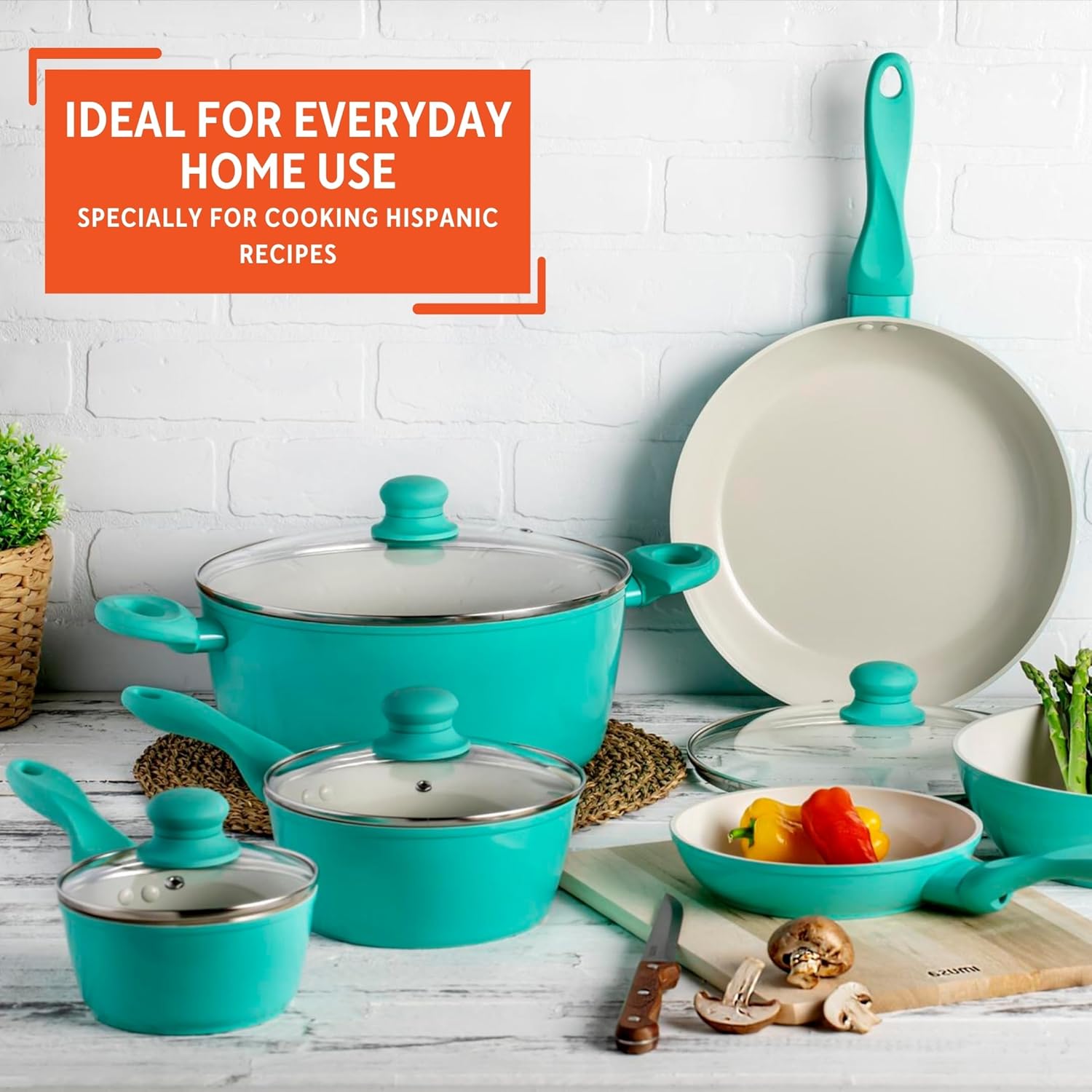 IMUSA 10pc Forged Aluminum Ivory Ceramic Cookware Set with Teal Handles
