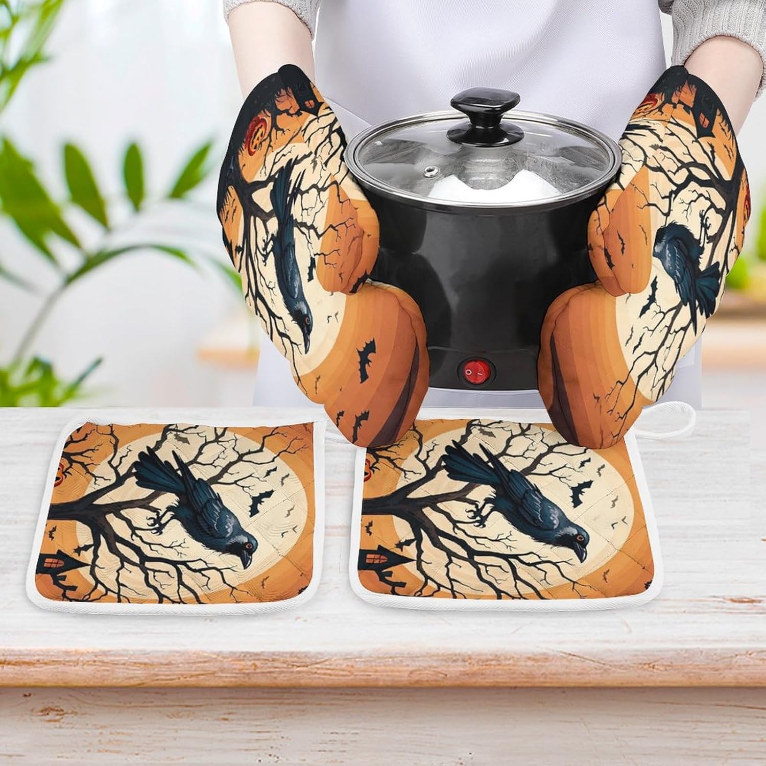 Exclusive Halloween Oven Mitts Pot Covers Set Heat-Resistant for Kitchen Use