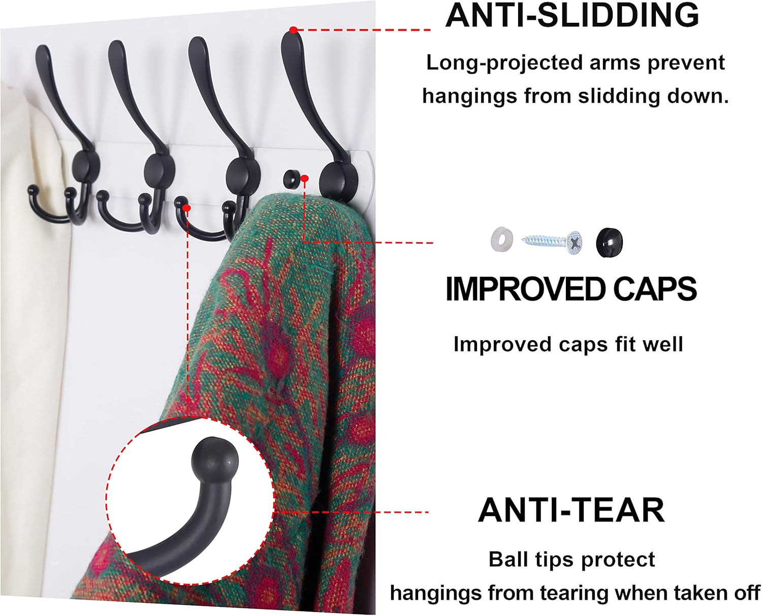 Dseap Wall Mounted Coat Rack with 5 Tri Hooks