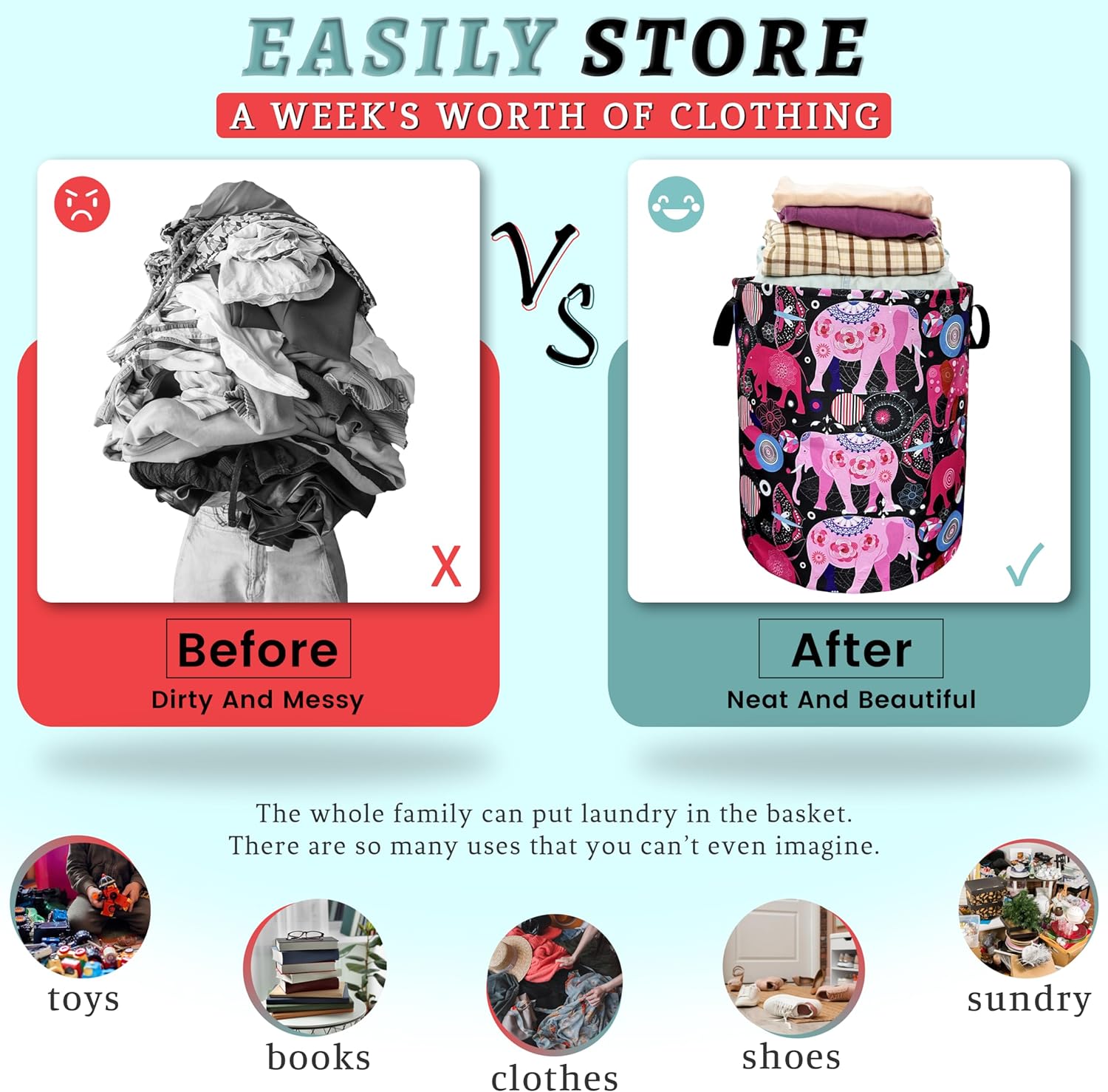 Pink Mandala Elephants Foldable Laundry Basket with Handles