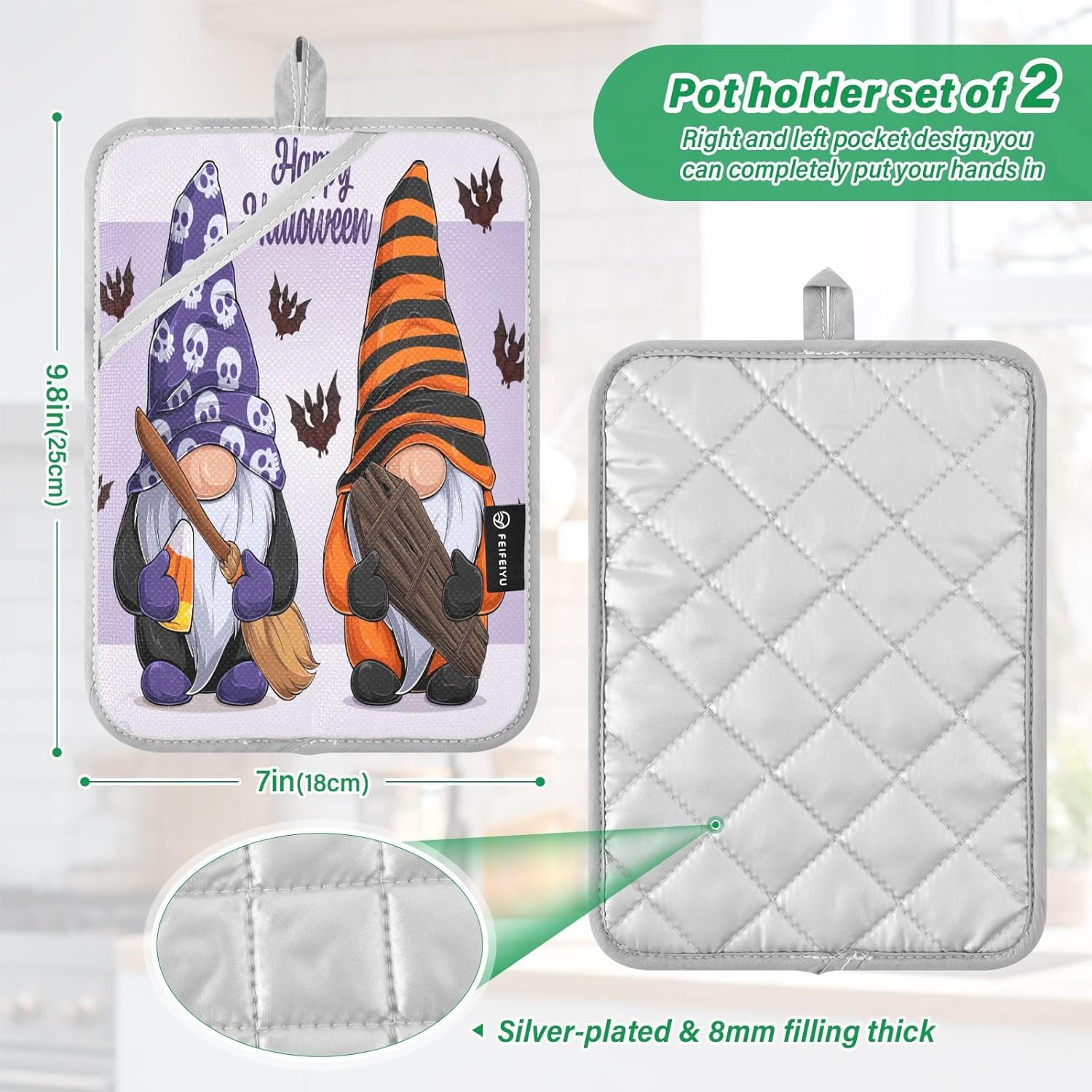 Halloween Gnome 2-Pack Pothenholder Set Heat-Resistant Non-Slip Kitchen Potholders