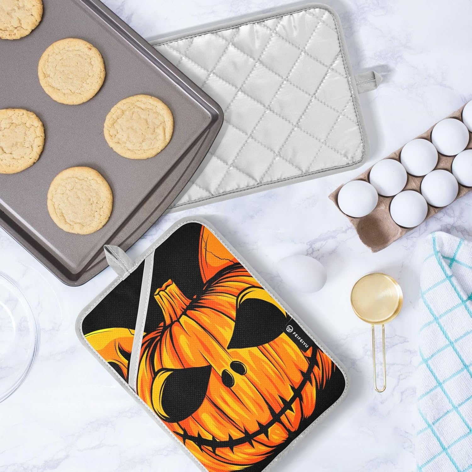 Pumpkin Halloween Skull Potholders with Pockets 2 Pack