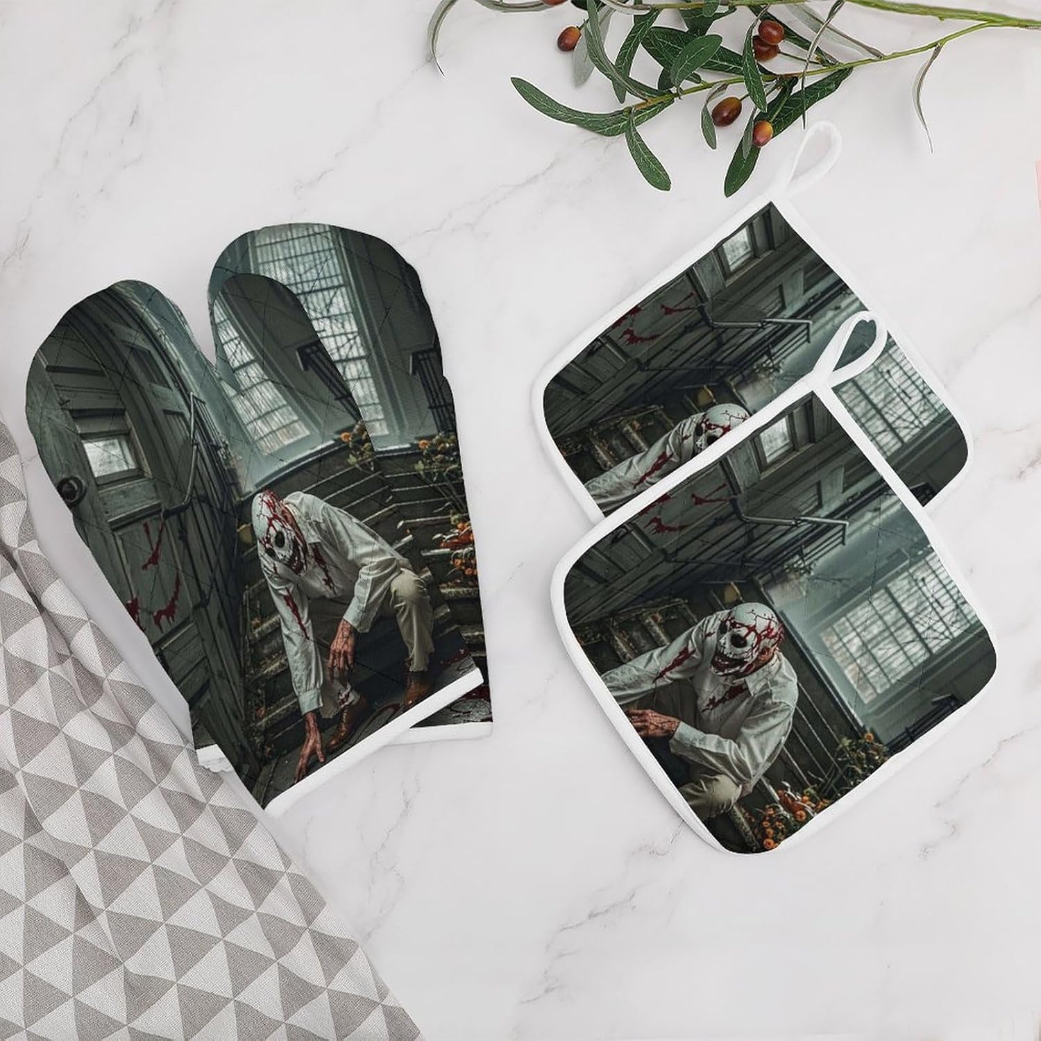 Halloween Horror-Themed Oven Mitts Set for Grilling Baking