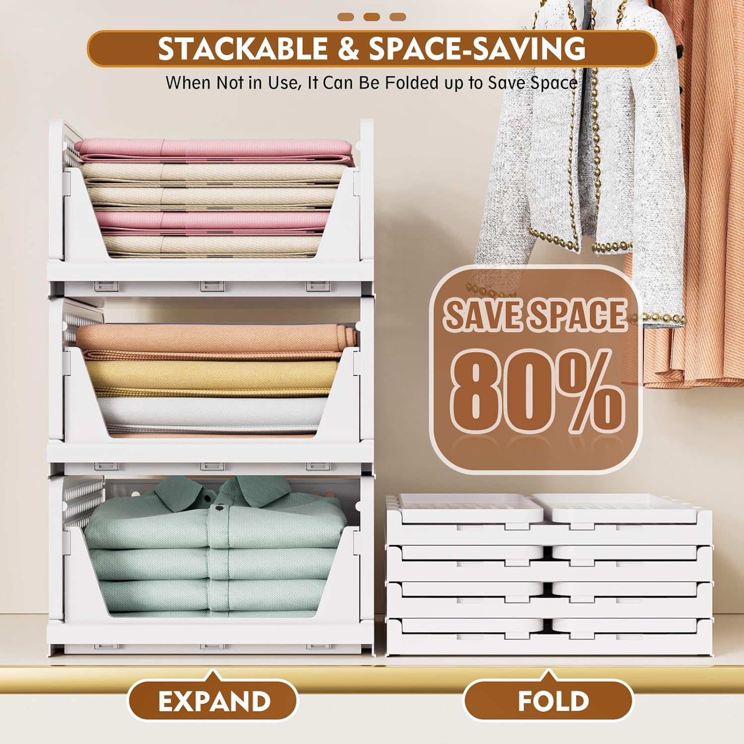 SNSLXH 5-Piece Stackable Closet Organizer Box Wardrobe Storage Solution White