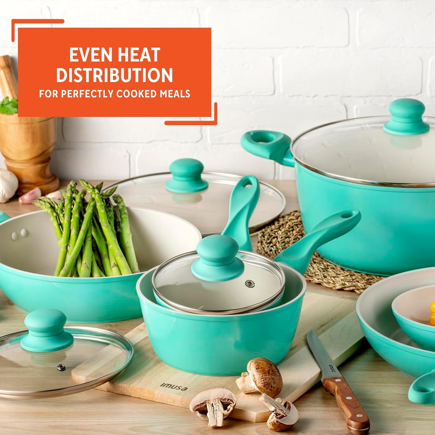 IMUSA 10pc Forged Aluminum Ivory Ceramic Cookware Set with Teal Handles