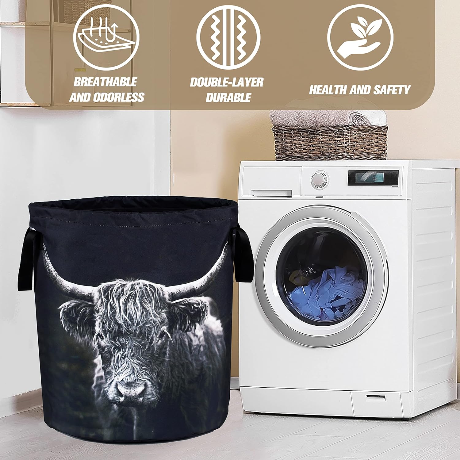 Highland Cow Laundry Basket Foldable Animal Storage Bag for BathroomLaundryBedroom Use