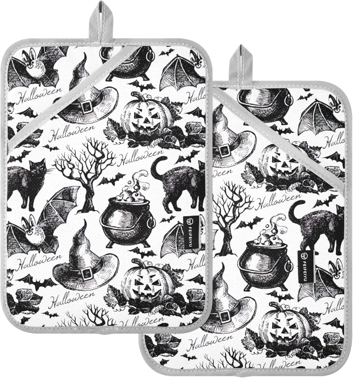 Custom Halloween Cat and Pumpkin Oven Mitts - Heat-Resistant Potholders - Set of 2
