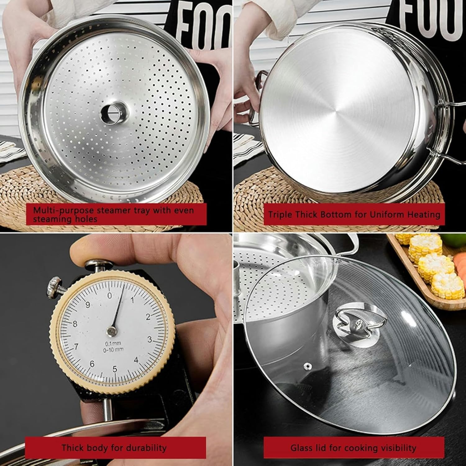 Stainless Steel Steamer with 2 Trays and Glass Lid