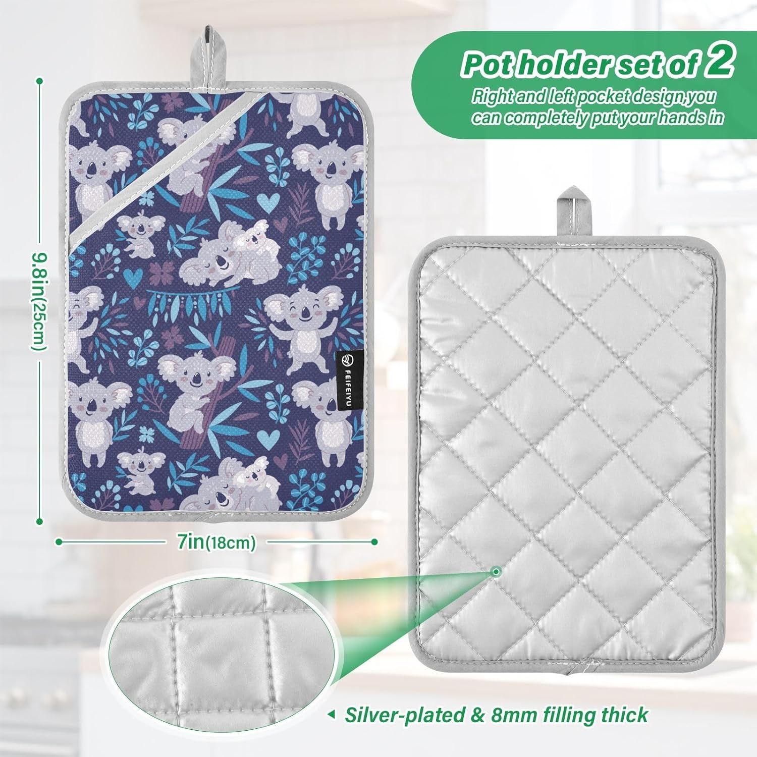 Dalzium Potholder Set of 2 with Koala Bears and Floral Design