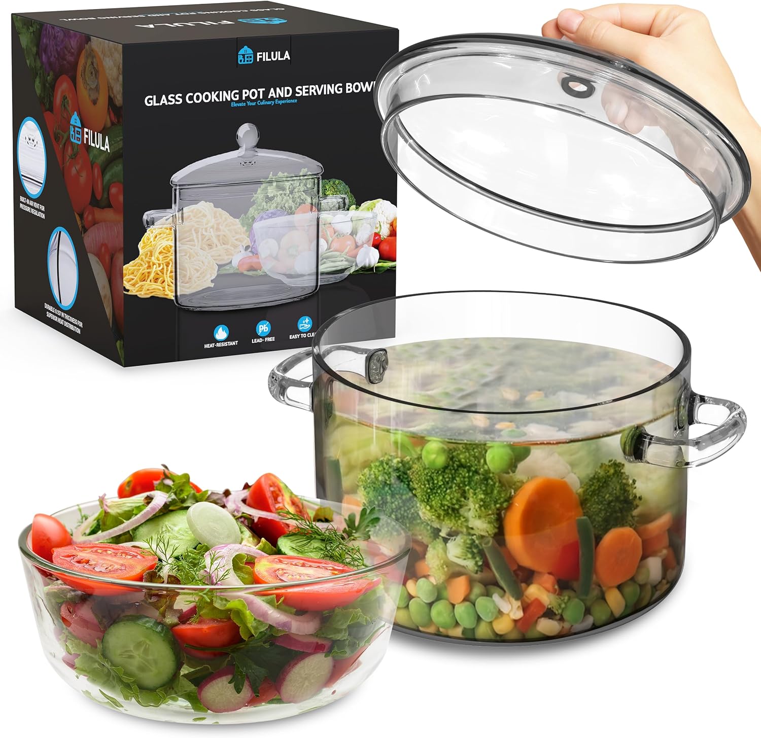 FILULA Glass Pot with Bowl - Durable Elegant for Cooking Serving
