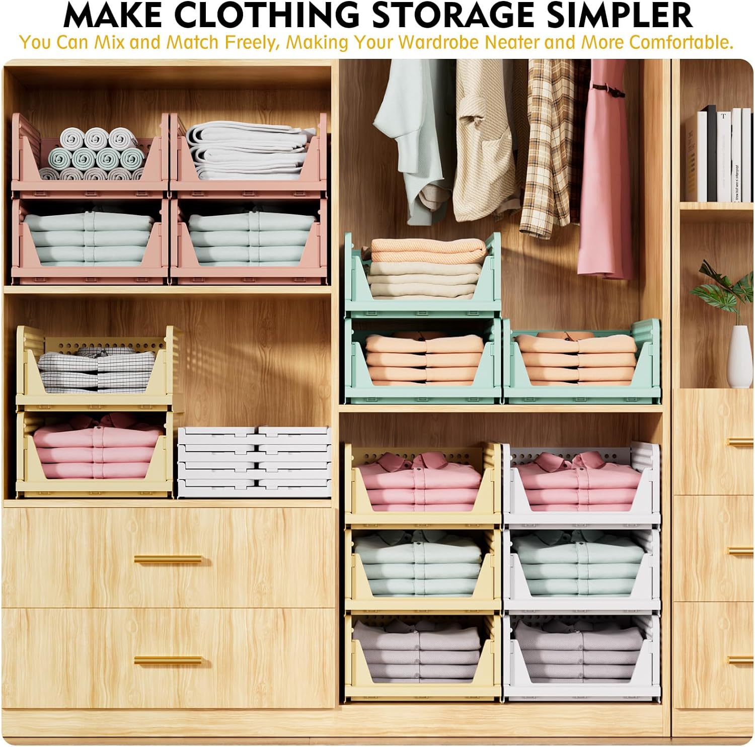 SNSLXH 5-Piece Stackable Closet Organizer Box Wardrobe Storage Solution White