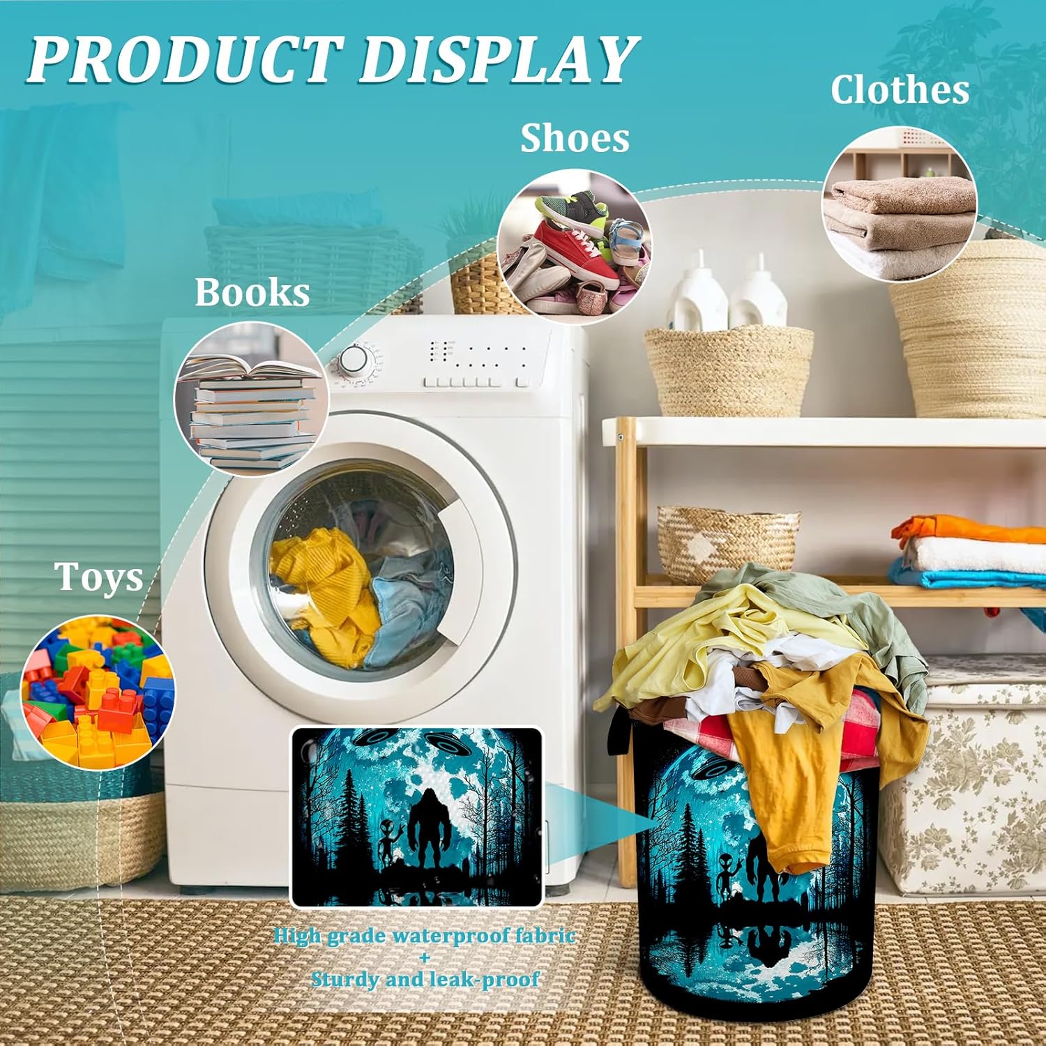 Bigfoot and Alien Laundry Basket 157x196 Foldable Waterproof Hamper