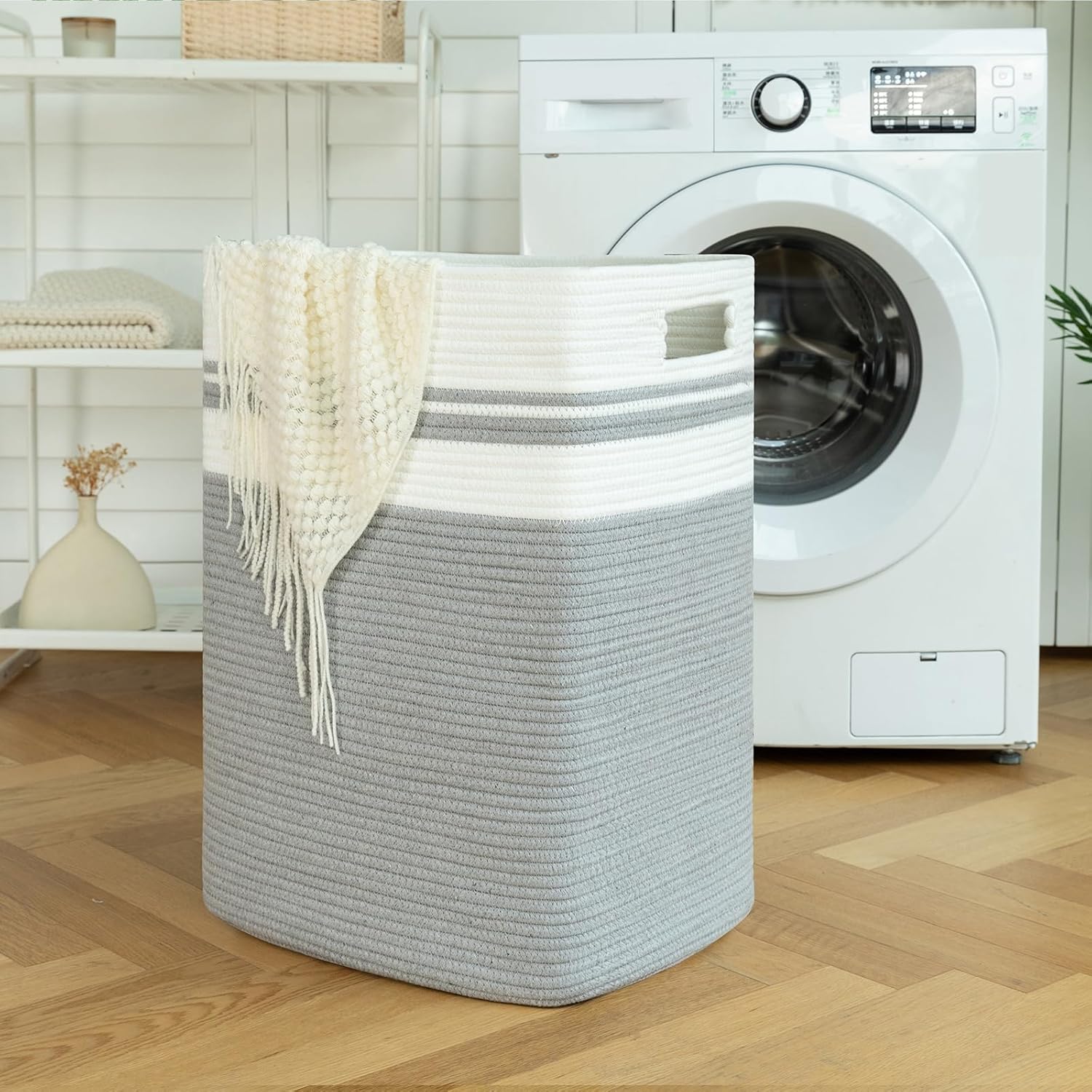 OIAHOMY 91L Laundry Hamper Collapsible Cotton Rope Basket - Grey