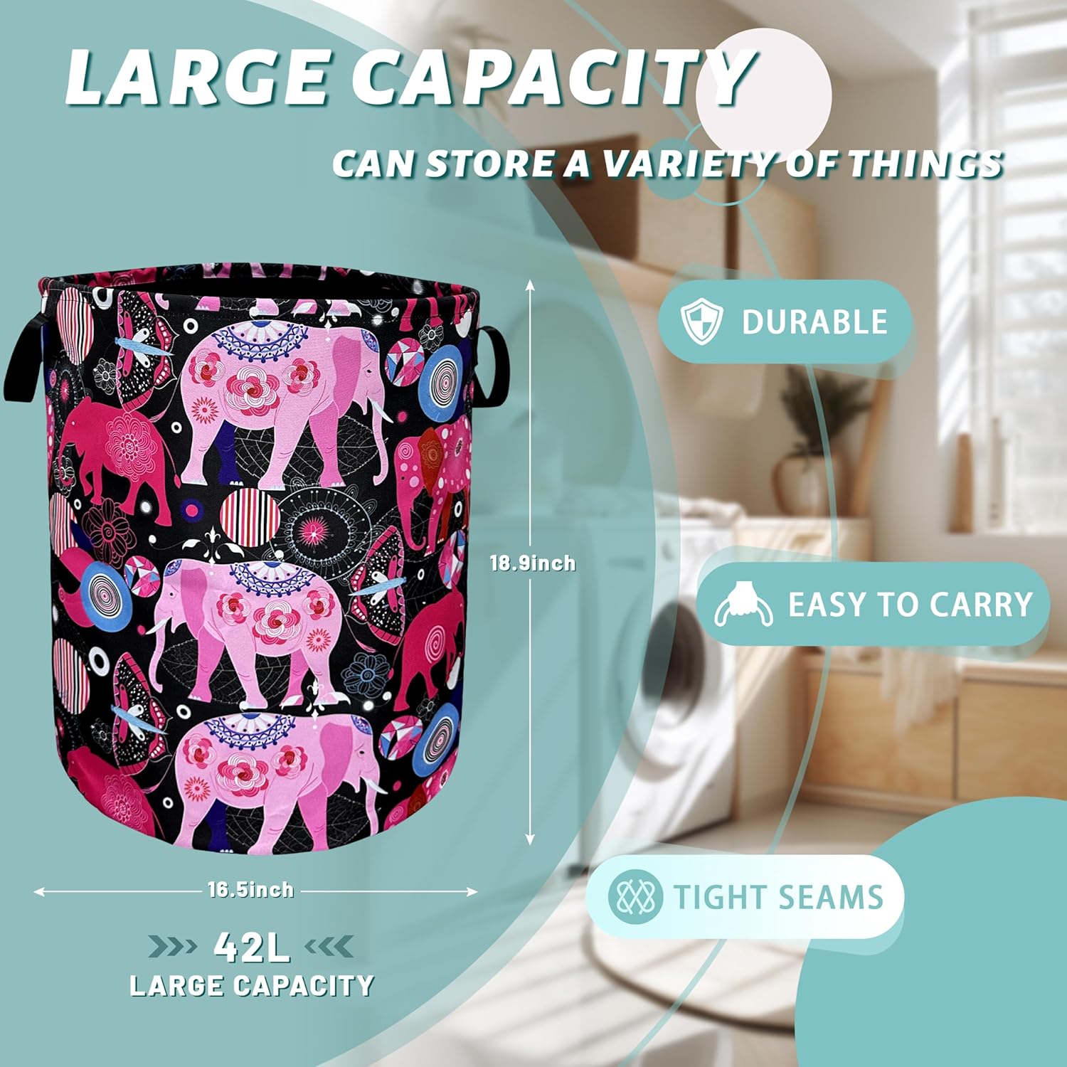 Pink Mandala Elephants Foldable Laundry Basket with Handles