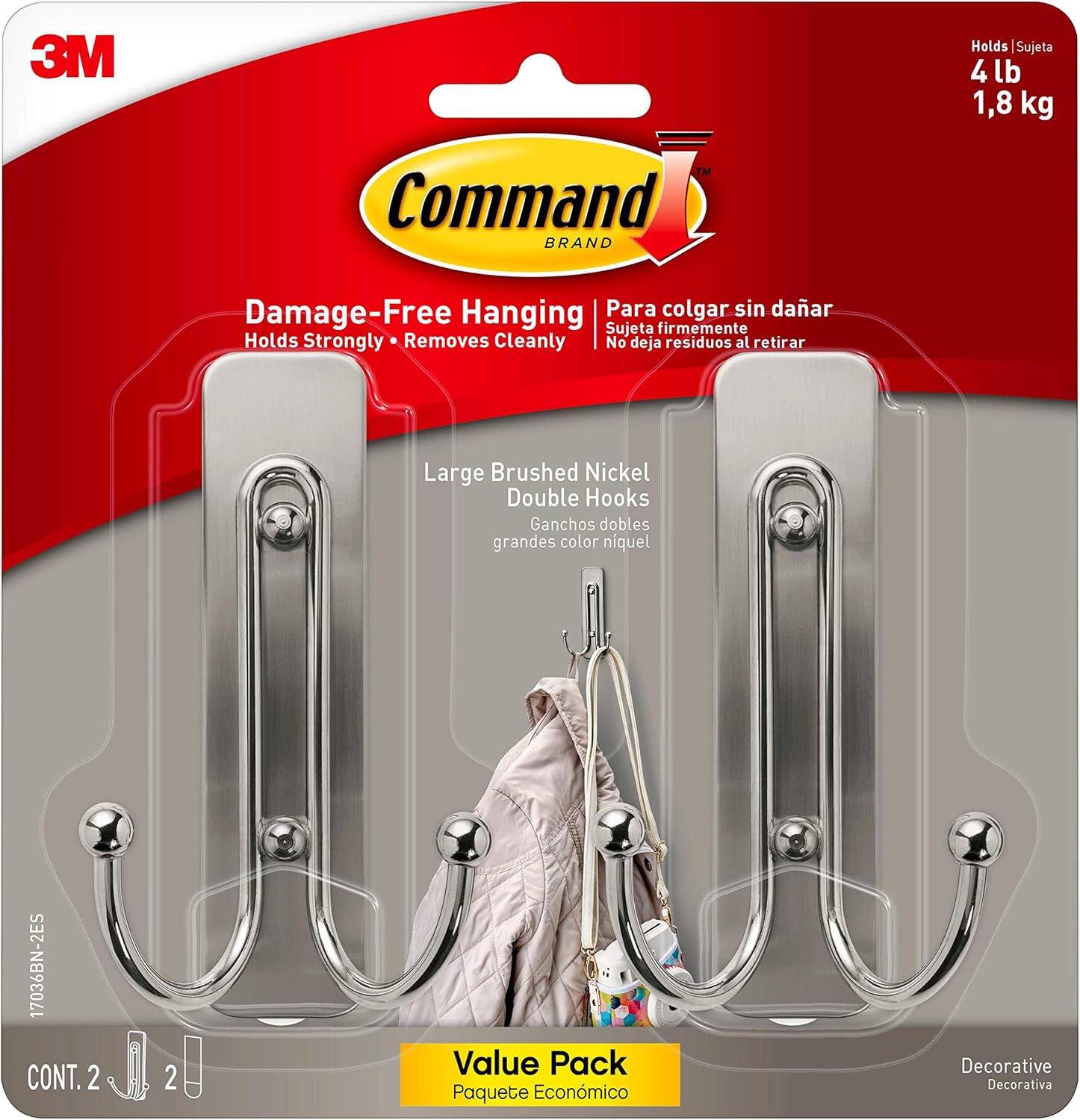 Command Large Brushed Nickel Double Hooks or Your Name HangingWallHolderWithAdhesiveStrips HoldsUpTo4Pounds