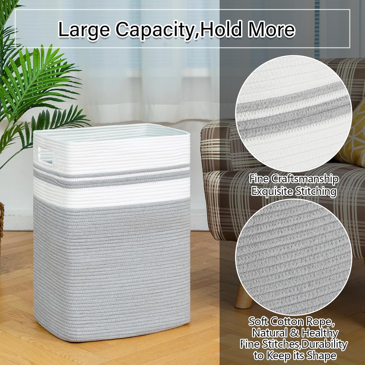 OIAHOMY 91L Laundry Hamper Collapsible Cotton Rope Basket - Grey