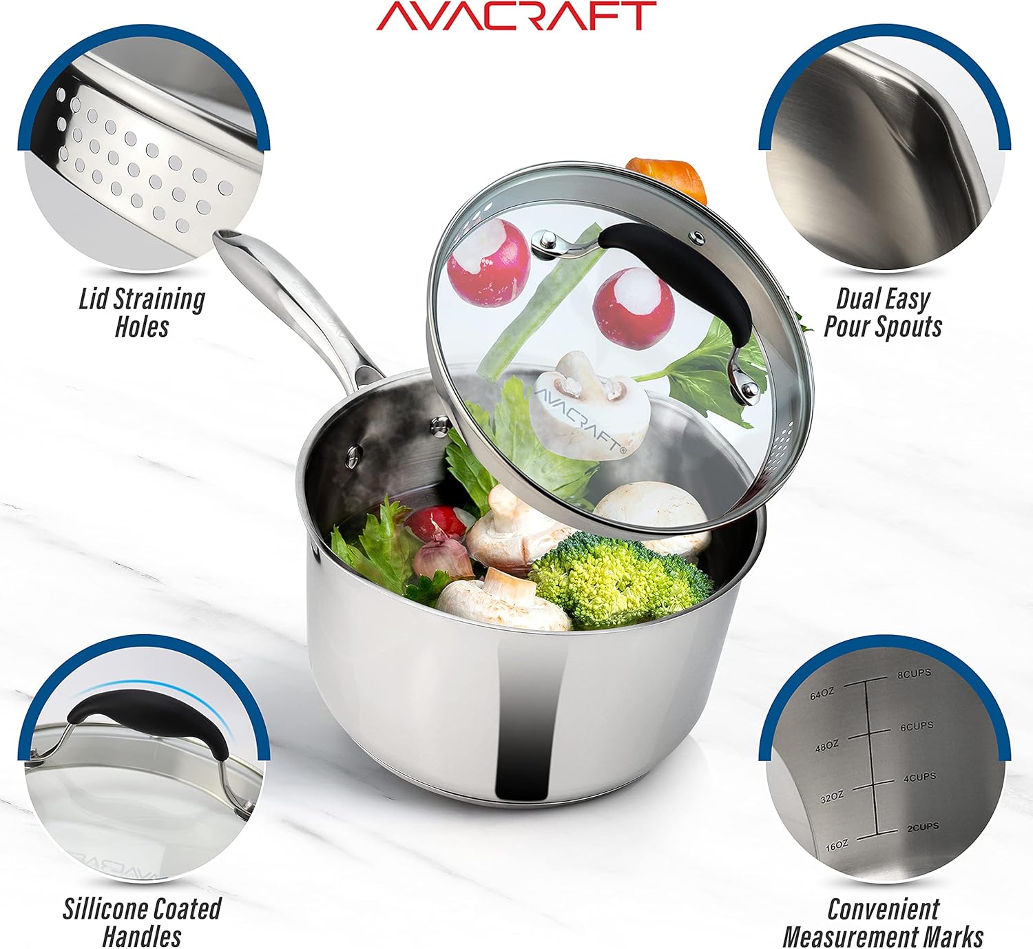AVACRAFT 25 Quart Saucepan with Glass Lid and Spouts