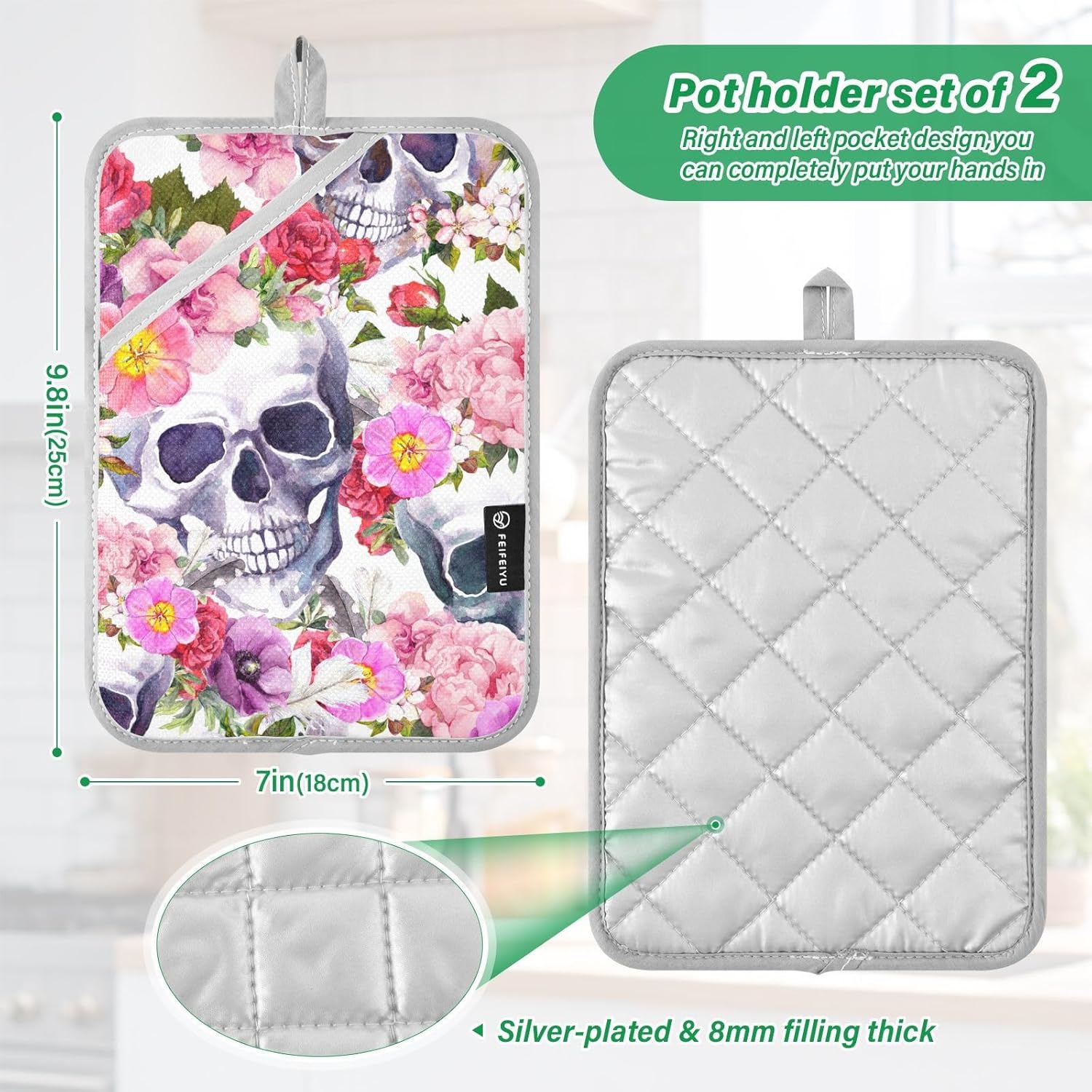 Summer Halloween 2-Piece Potholders Floral Skull Heat-Resistant Kitchen mitts