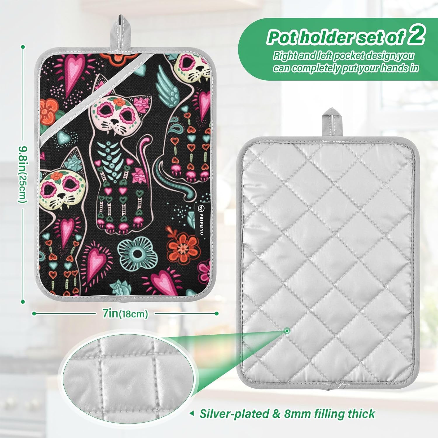 Frighteningly Perfect 2-Piece Skull Cat Halloween Pot Holder Set