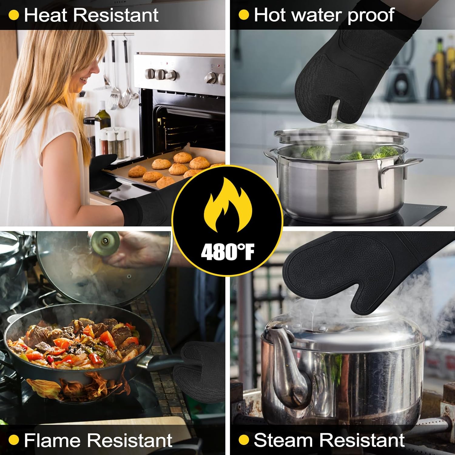 Funnydin Oven Mitts Set - Heat-Resistant Waterproof Kitchen Potholders