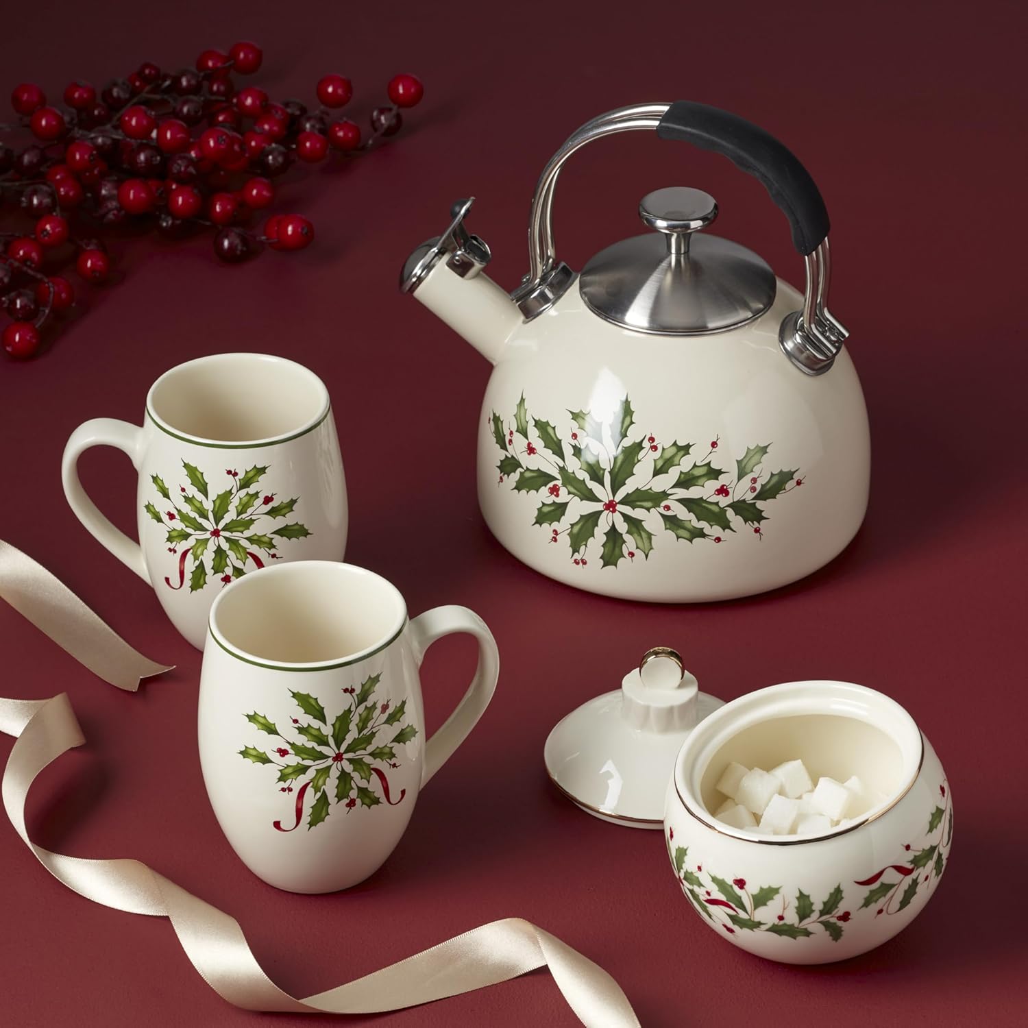 Cheery Holiday Tea Kettle Christmas Design