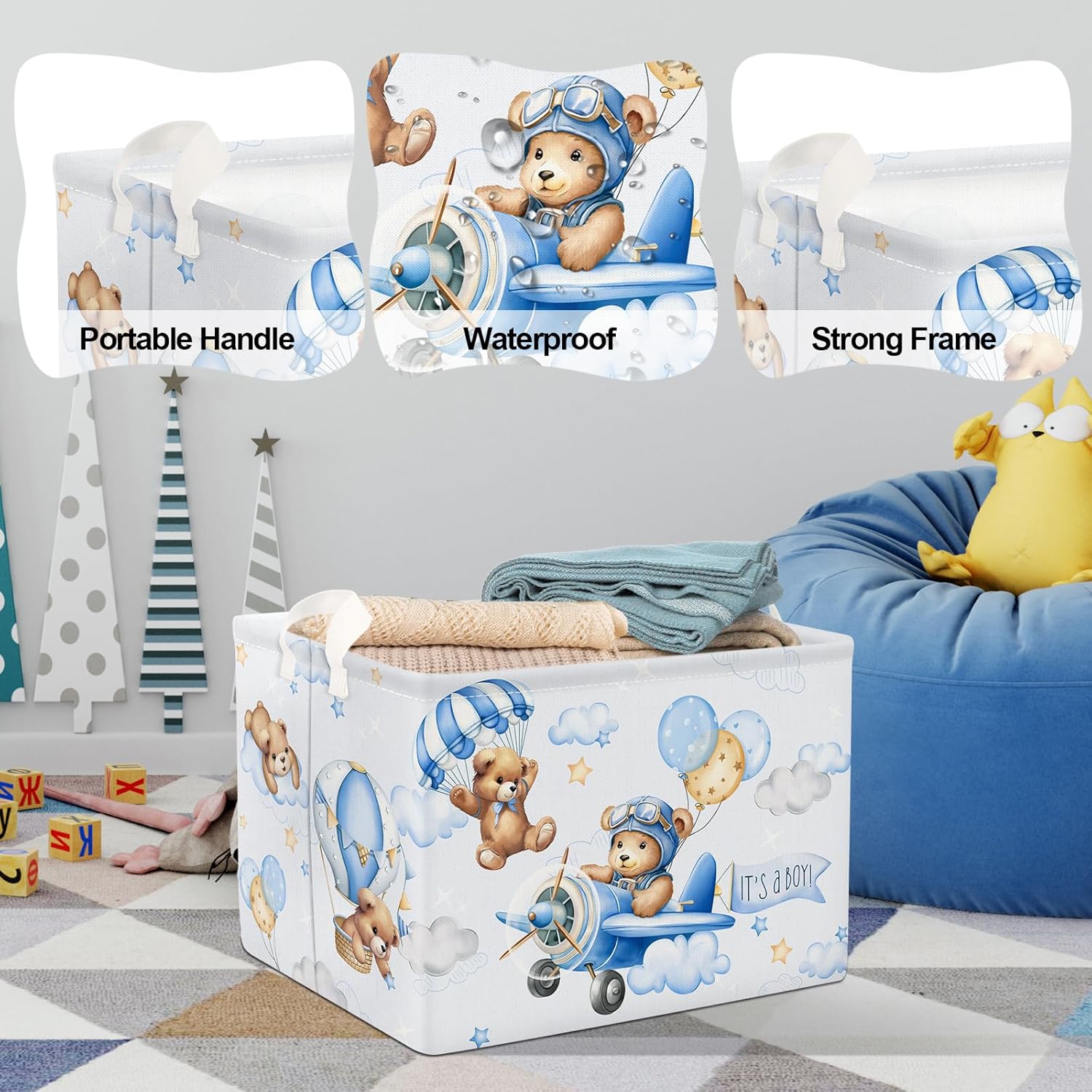Clastyle 36L Blue Pilot Bear Boy Collapsible Storage Basket