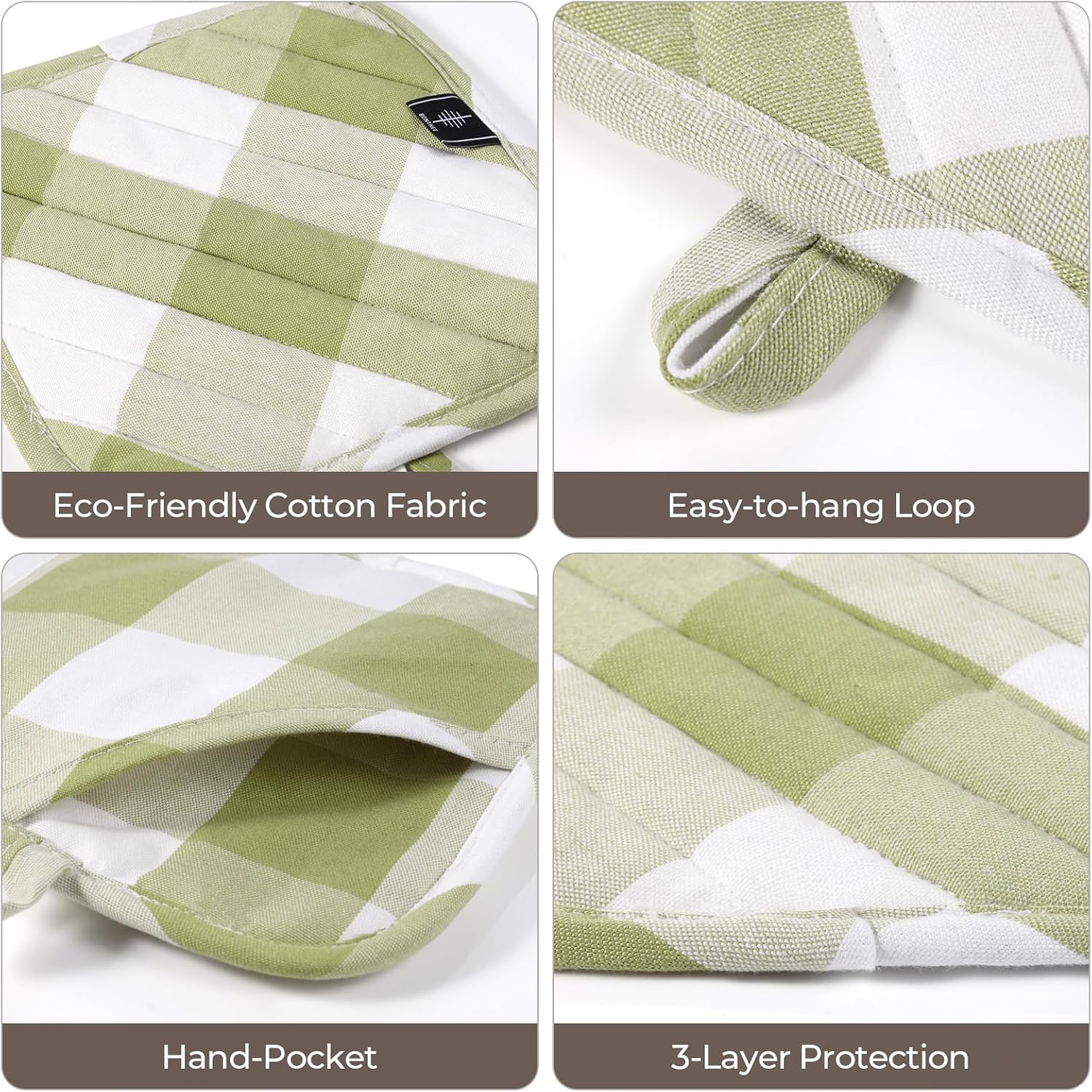 BontHee Heat-Resistant Potholders 2PK Green Plaid Design Kitchen Essential