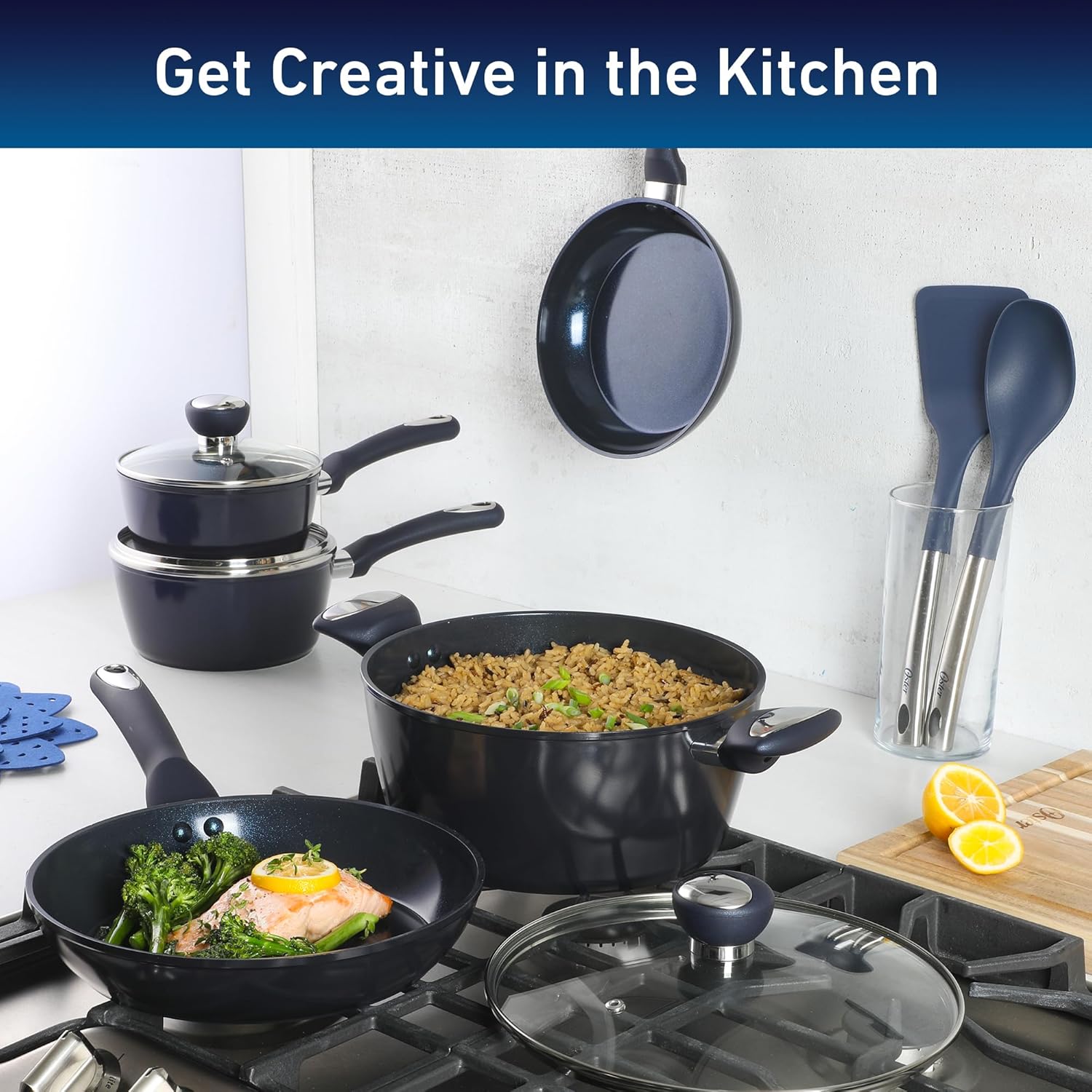 Oster Hawke 14-Piece Cookware Set BlackBlue