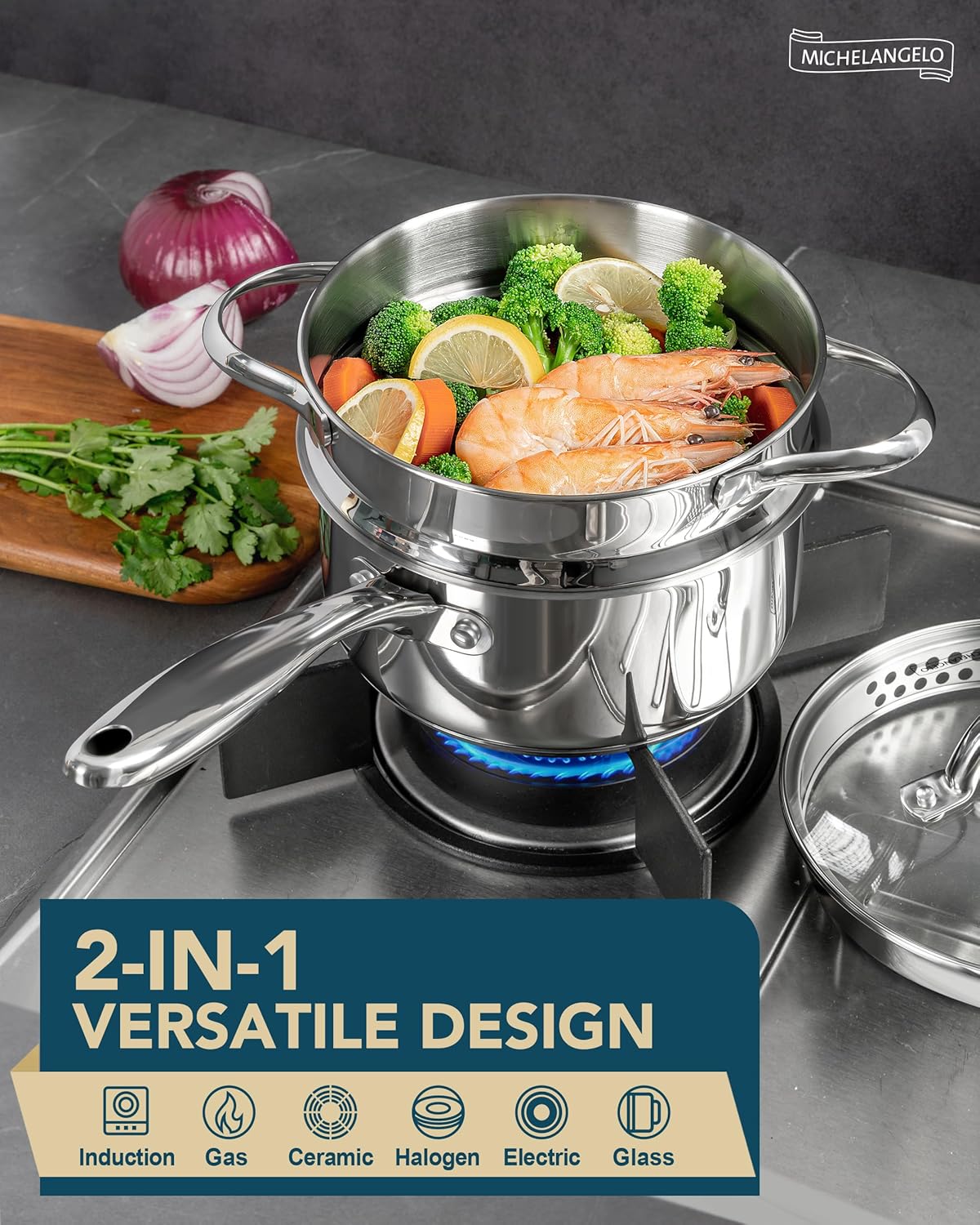 Stainless Steel Sauce Pot Set with Steamer 5Pcs