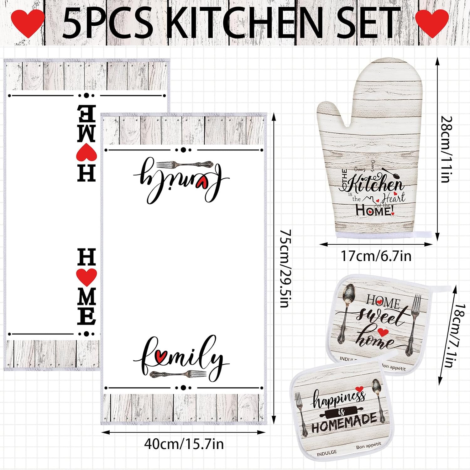 Rtteri 5 Pcs Farmhouse Dish Towels Oven Mitts Set