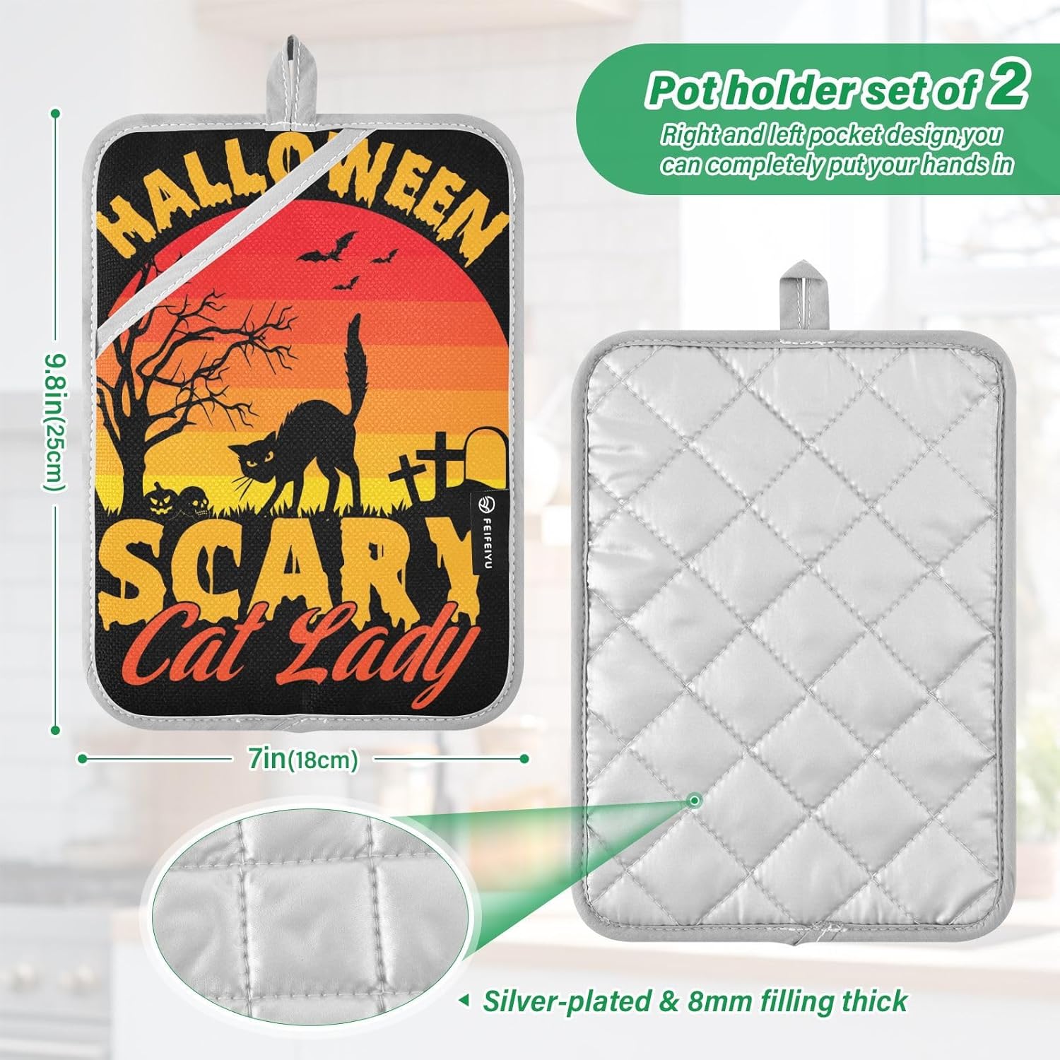 Halloween Scary Cat Lady Potholders Set with Pockets
