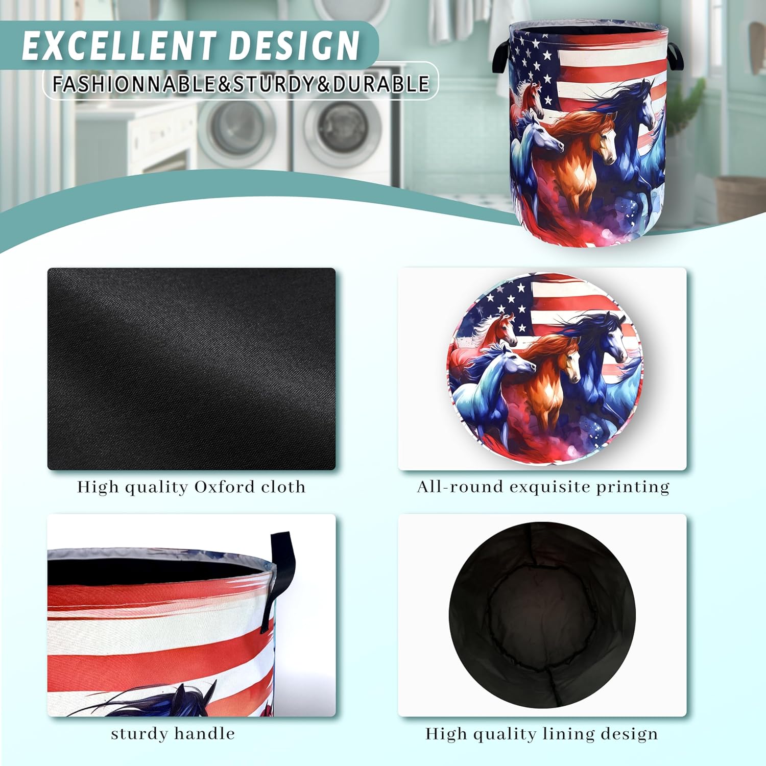 American Flag Horse Laundry Basket Foldable Oxford Cloth Storage Bucket
