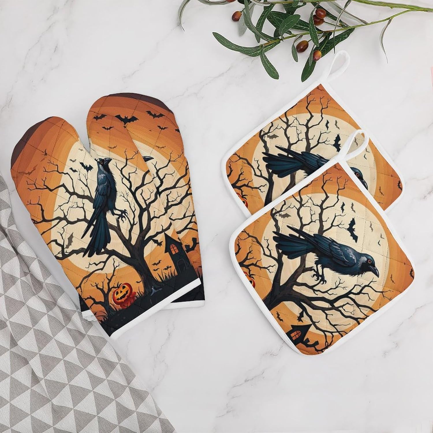 Exclusive Halloween Oven Mitts Pot Covers Set Heat-Resistant for Kitchen Use