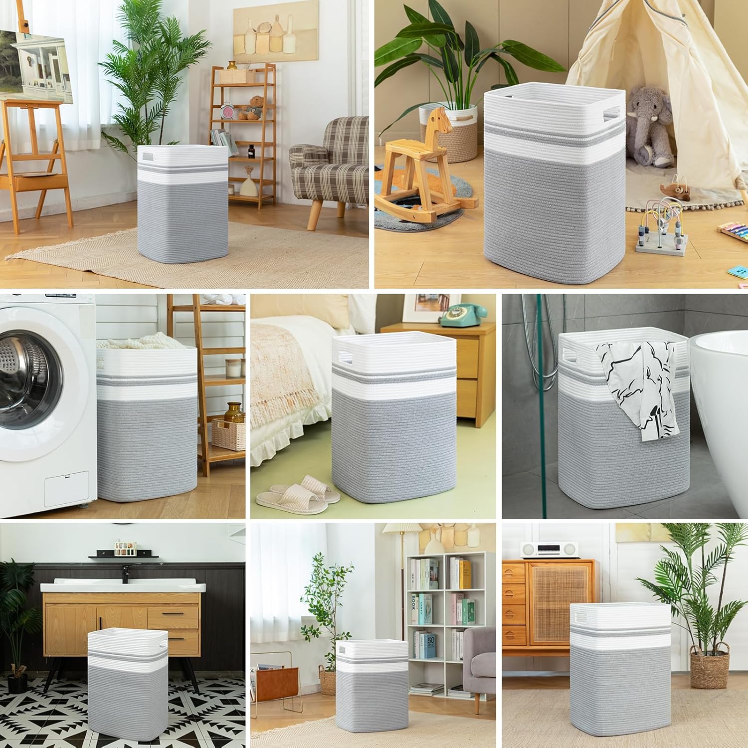 OIAHOMY 91L Laundry Hamper Collapsible Cotton Rope Basket - Grey
