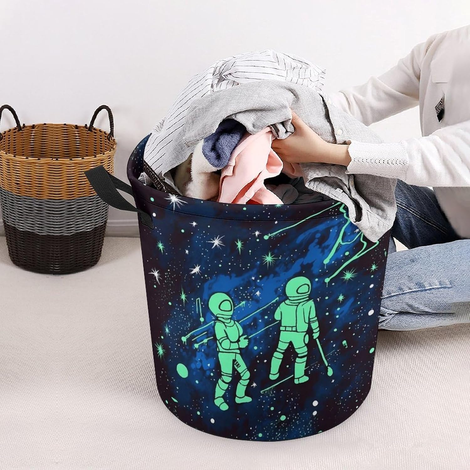 Glow-in-the-Dark Durable Collapsible laundry basket for homes and travel