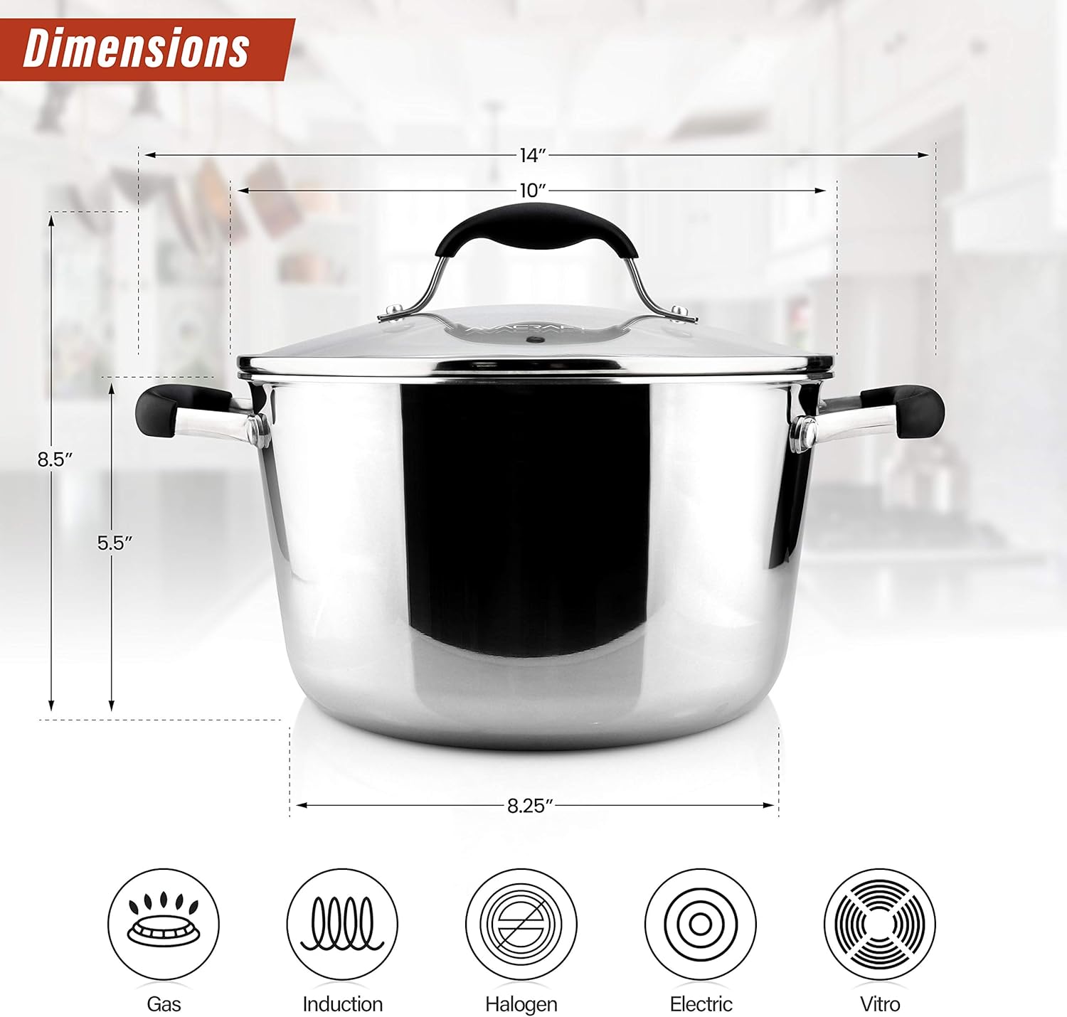 AVACRAFT 5 Quart Tri-ply Stainless Steel Dutch Oven with Glass Lid
