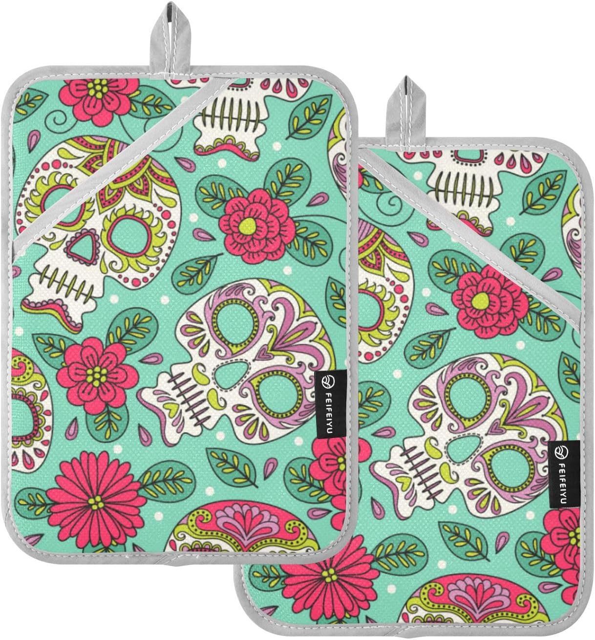 OurVII 2-Piece Halloween Floral Skull Pot Holder Set