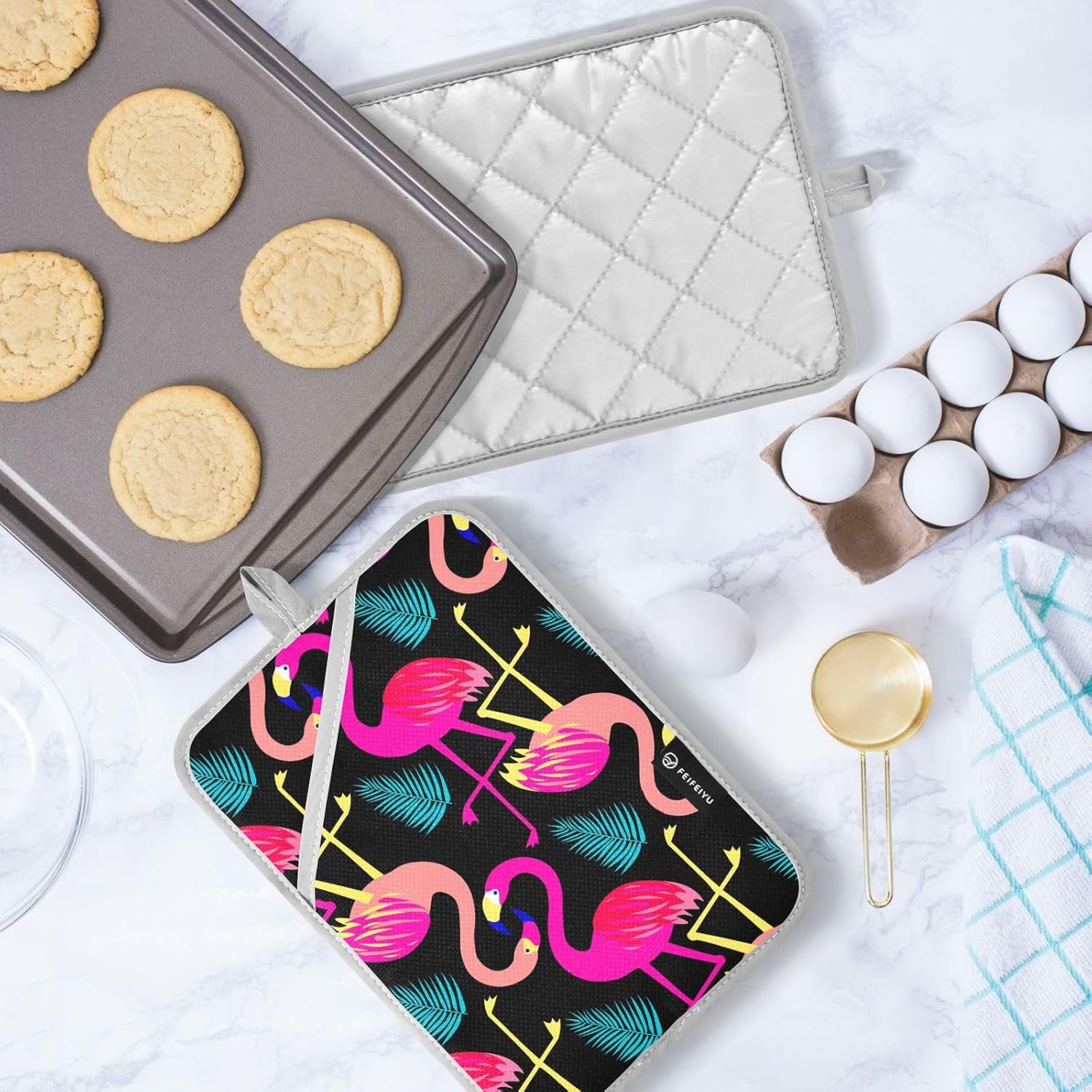 Bright Flamingo Potholder Set for Baking