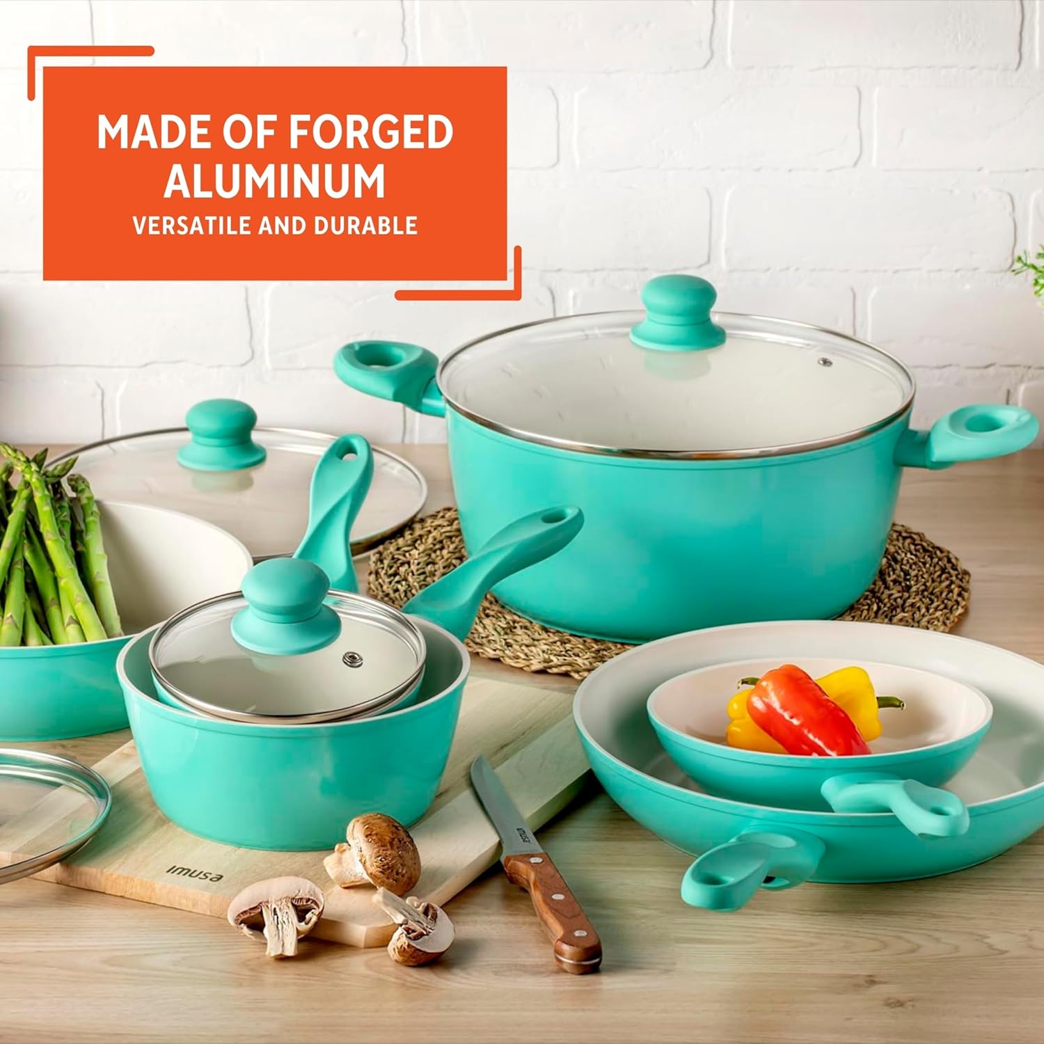IMUSA 10pc Forged Aluminum Ivory Ceramic Cookware Set with Teal Handles