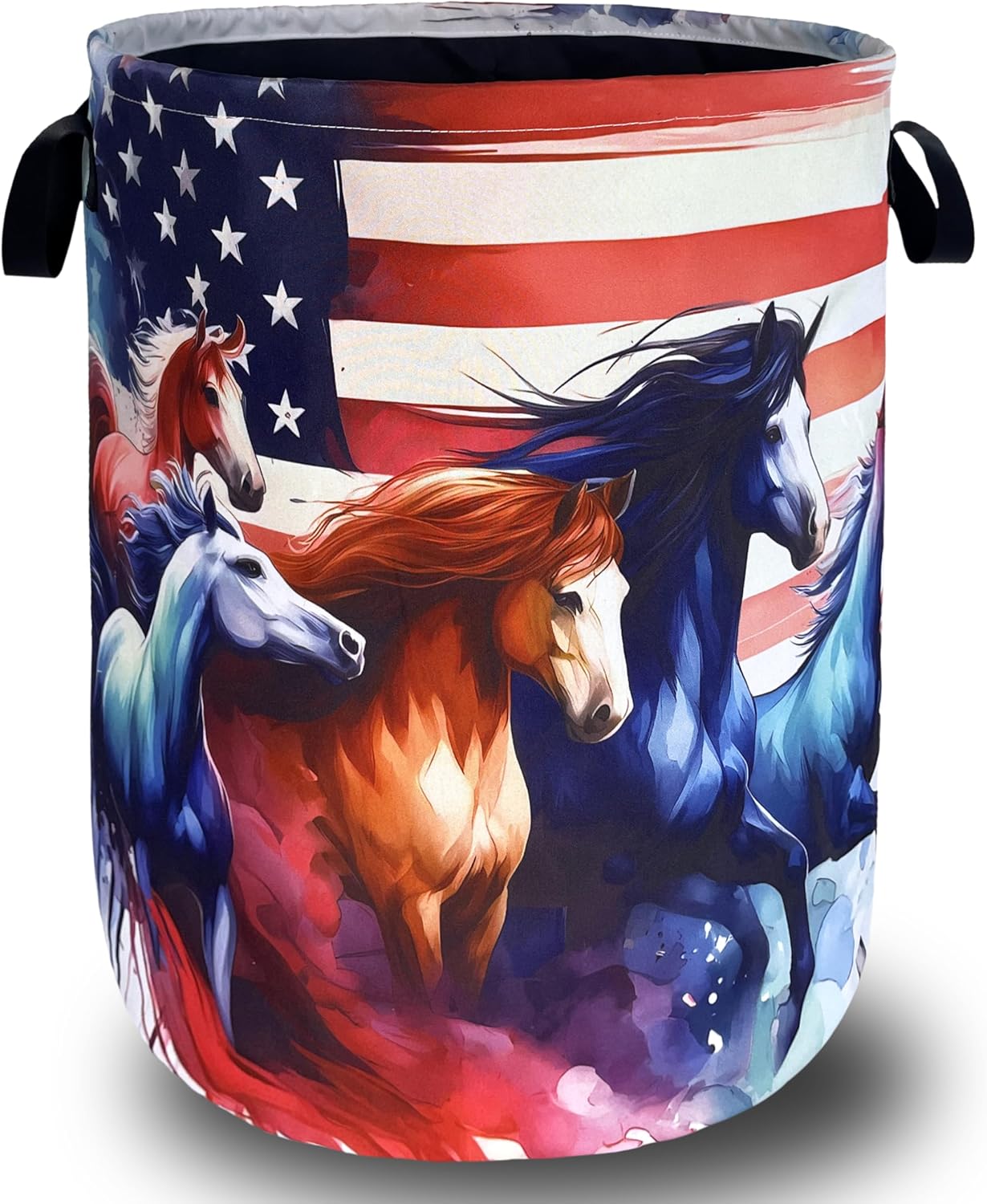 American Flag Horse Laundry Basket Foldable Oxford Cloth Storage Bucket