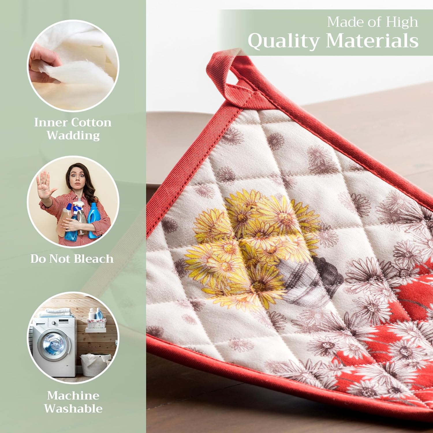8x8 Heat-Resistant Cotton Potholder with Loop for Kitchen Use